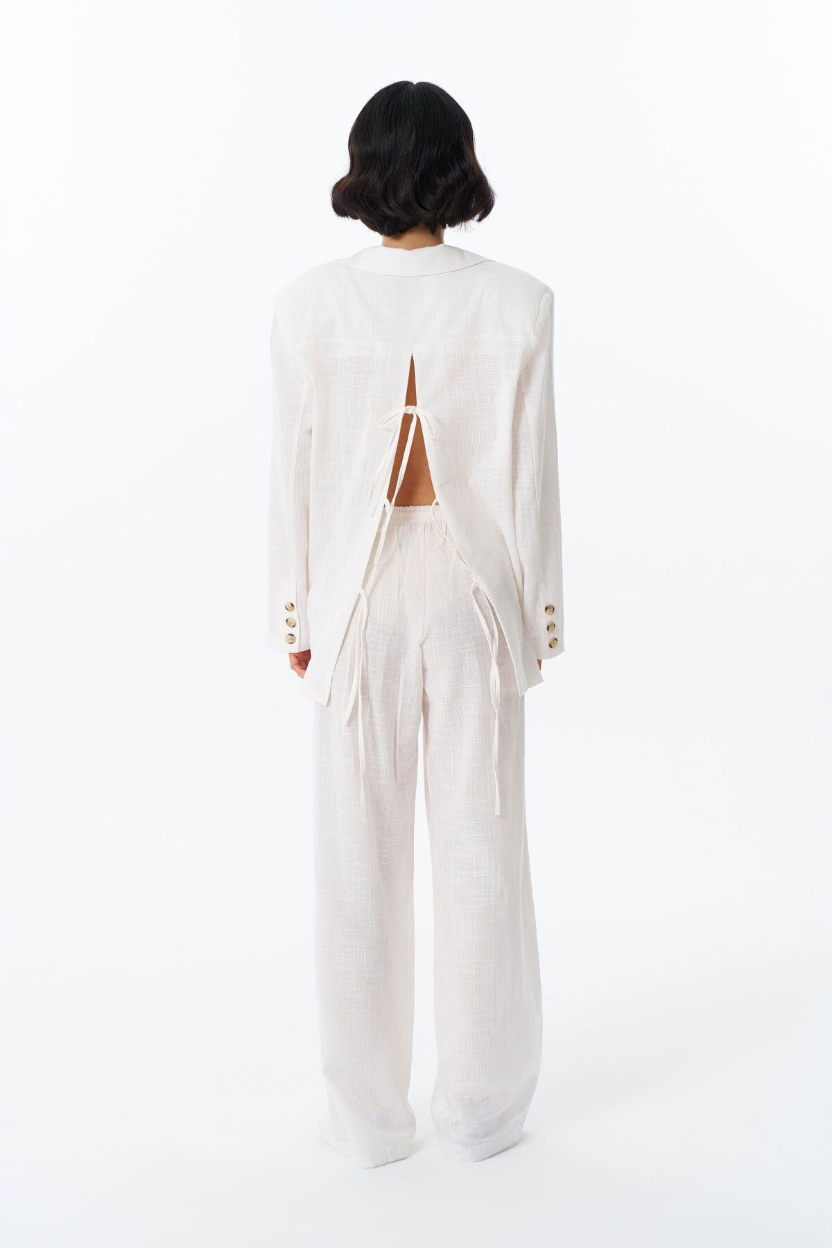Quzu-Ecru Color - Loose Trousers with Lacing Detail and Elastic Waist 5