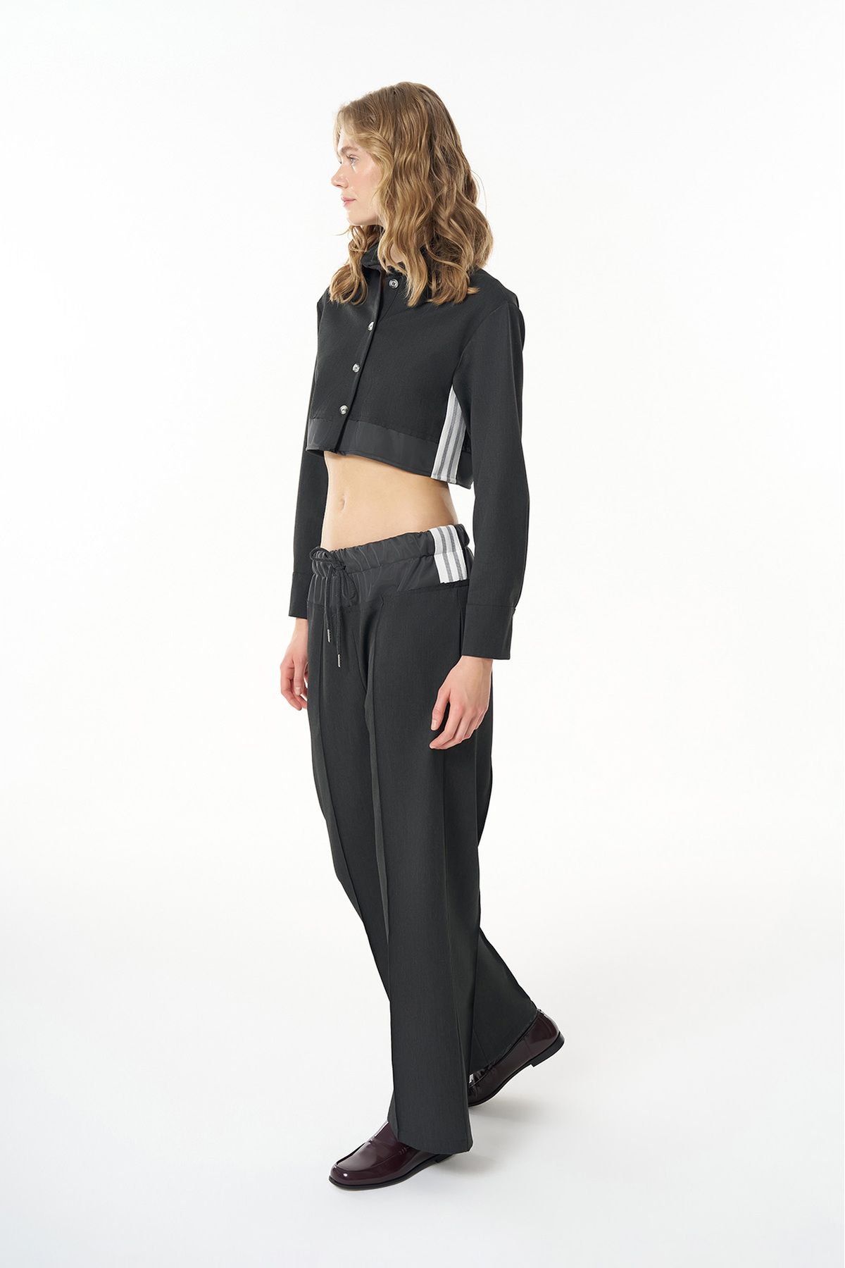 Quzu-Dark Gray Wide Leg - Waist Fabric Match Trousers 3