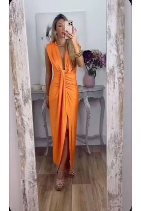 hipnoz butik Kadın Vatkalı Drapeli Uzun Davet Elbisesi