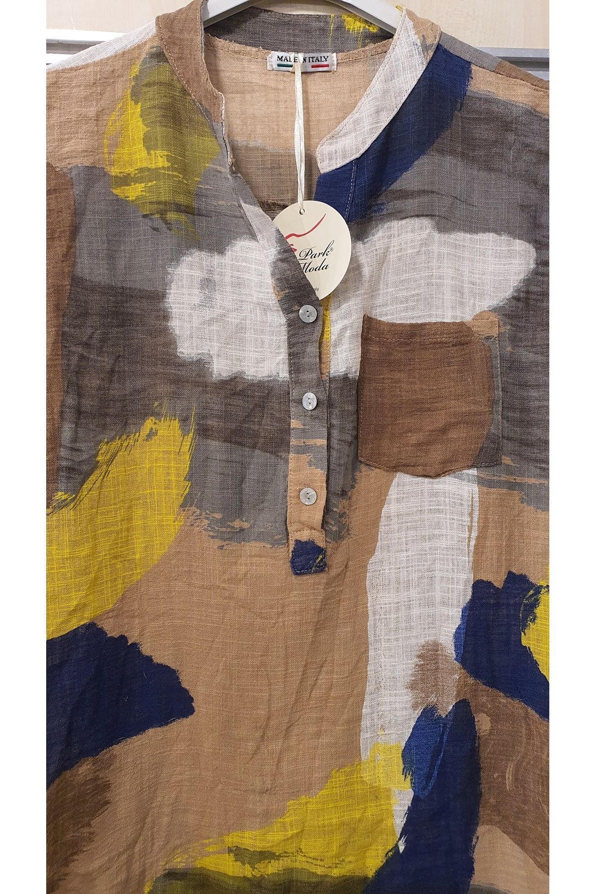 Park Moda-Patchwork Pattern 3 Button Linen Shirt 4