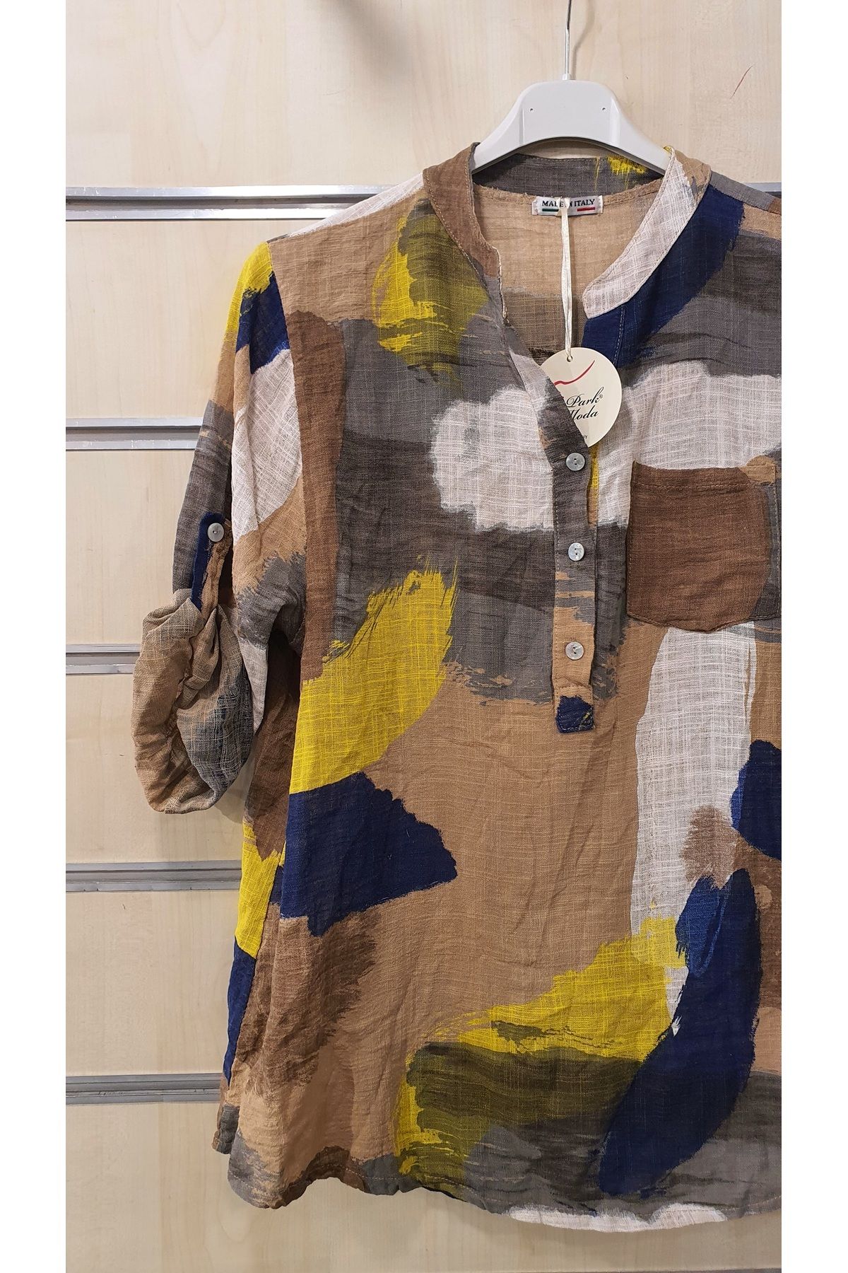 Park Moda-Patchwork Pattern 3 Button Linen Shirt 3