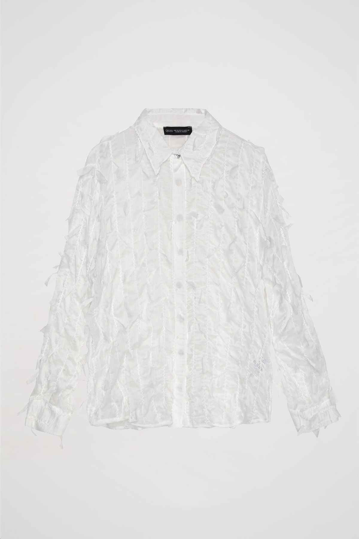 Quzu-White Chiffon Shirt - Feather Detail 2