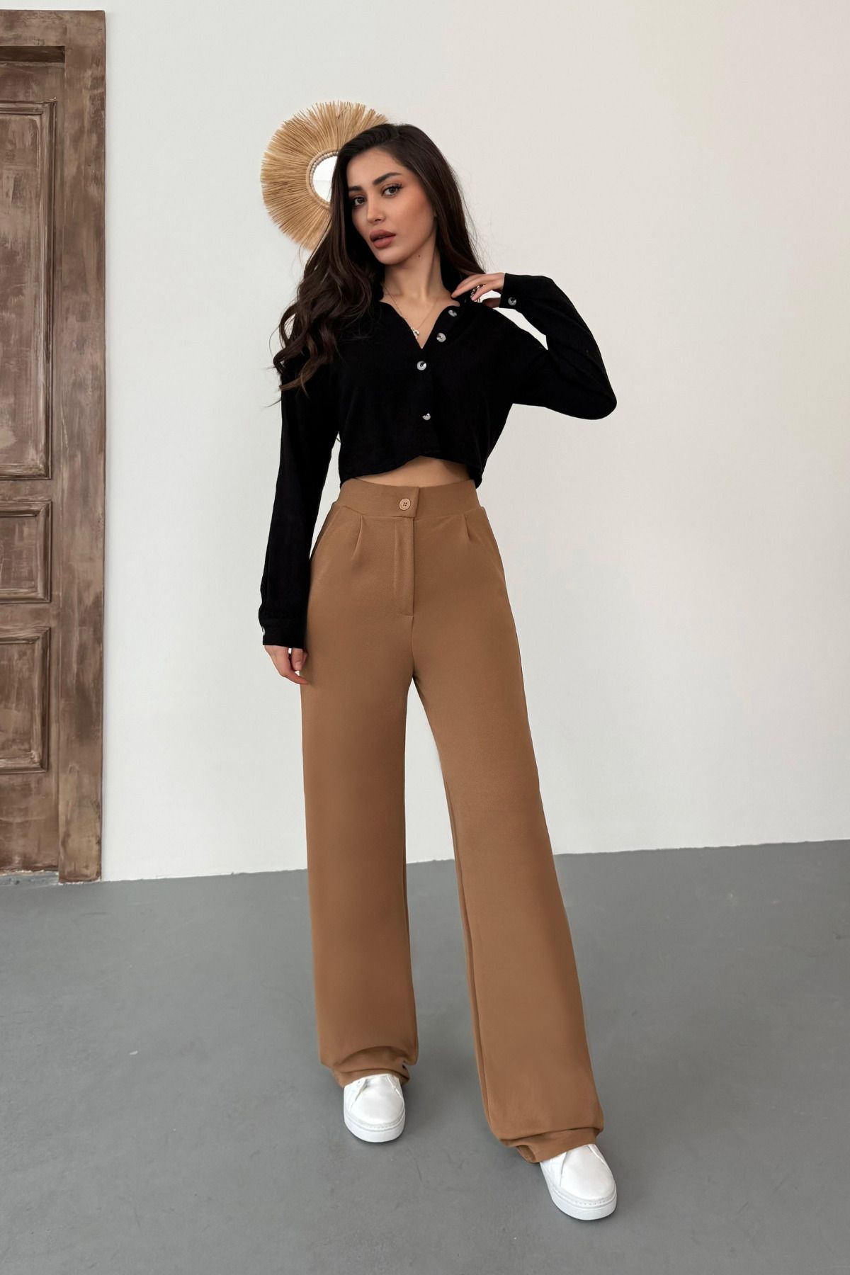 BİKELİFE-Γυναικείο παντελόνι Tan Lycra Palazzo Loose Wide Leg 5