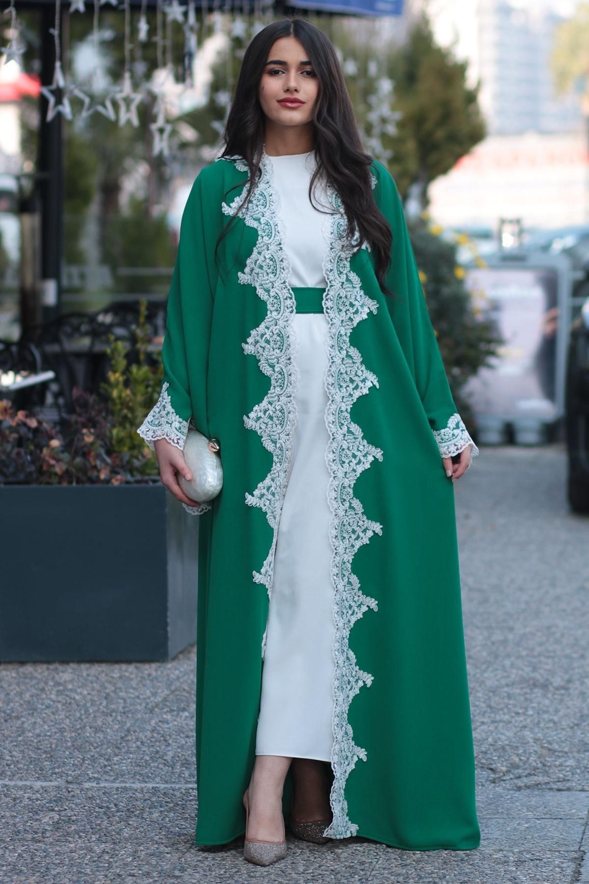 MELEK ARAZ Abaya Cu Detaliu Din Guipură De Smarald Femeie - 2