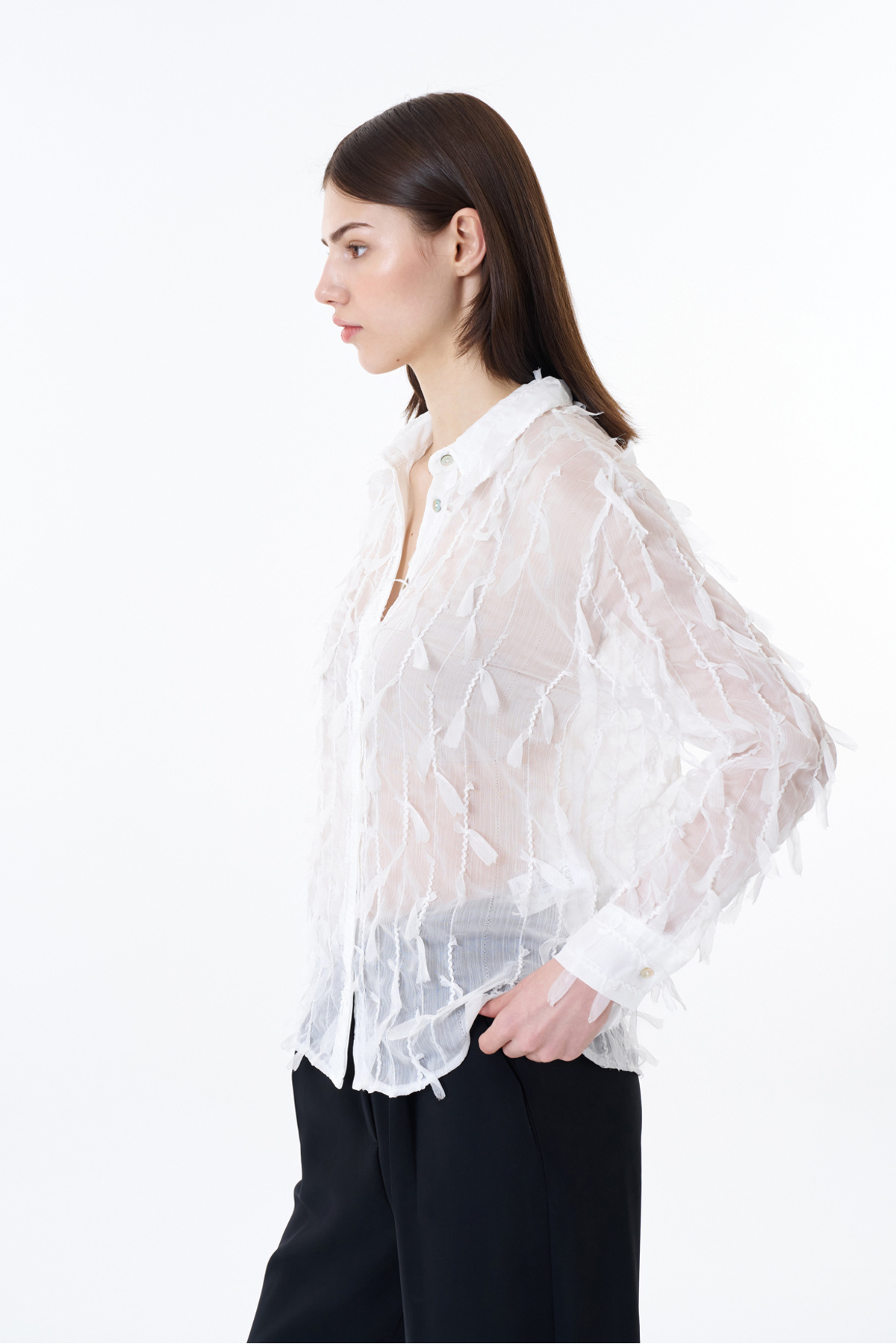 Quzu-White Chiffon Shirt - Feather Detail 4
