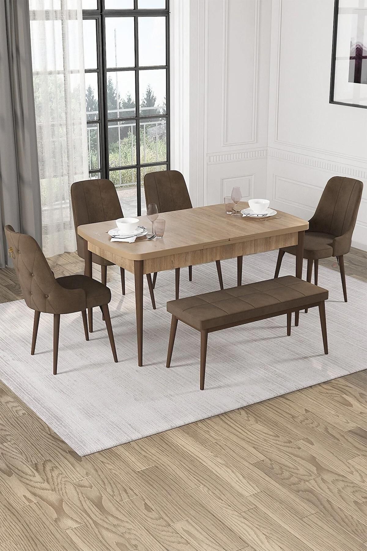 Alya Serisi Meşe 80x132 Açılabilir Mdf Mutfak Masası Takımı 4 Adet Kahve Sandalye +1 Bench