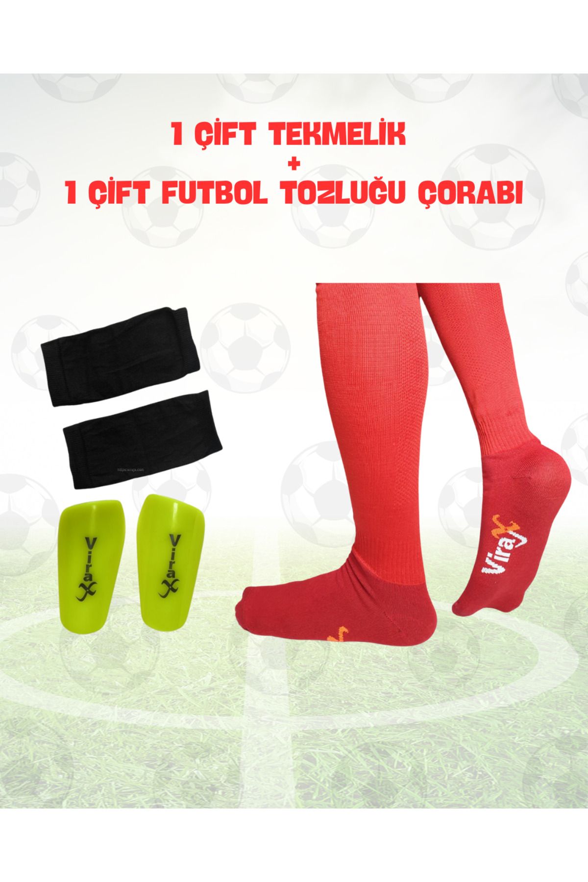 virajx Futbol Uzun Tozluk(Çorap) ve Kaval Koruyucu Tekmelik Antrenman Seti (KIRMIZI)