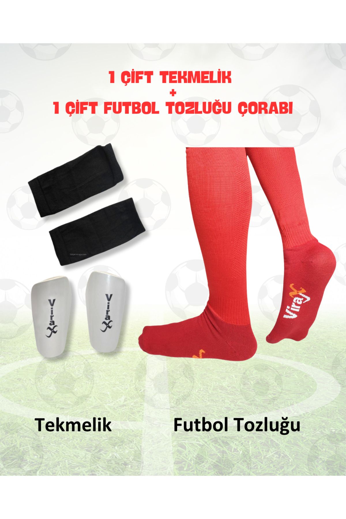 virajx Futbol Uzun Tozluk(Çorap) ve Kaval Koruyucu Tekmelik Antrenman Seti (KIRMIZI)