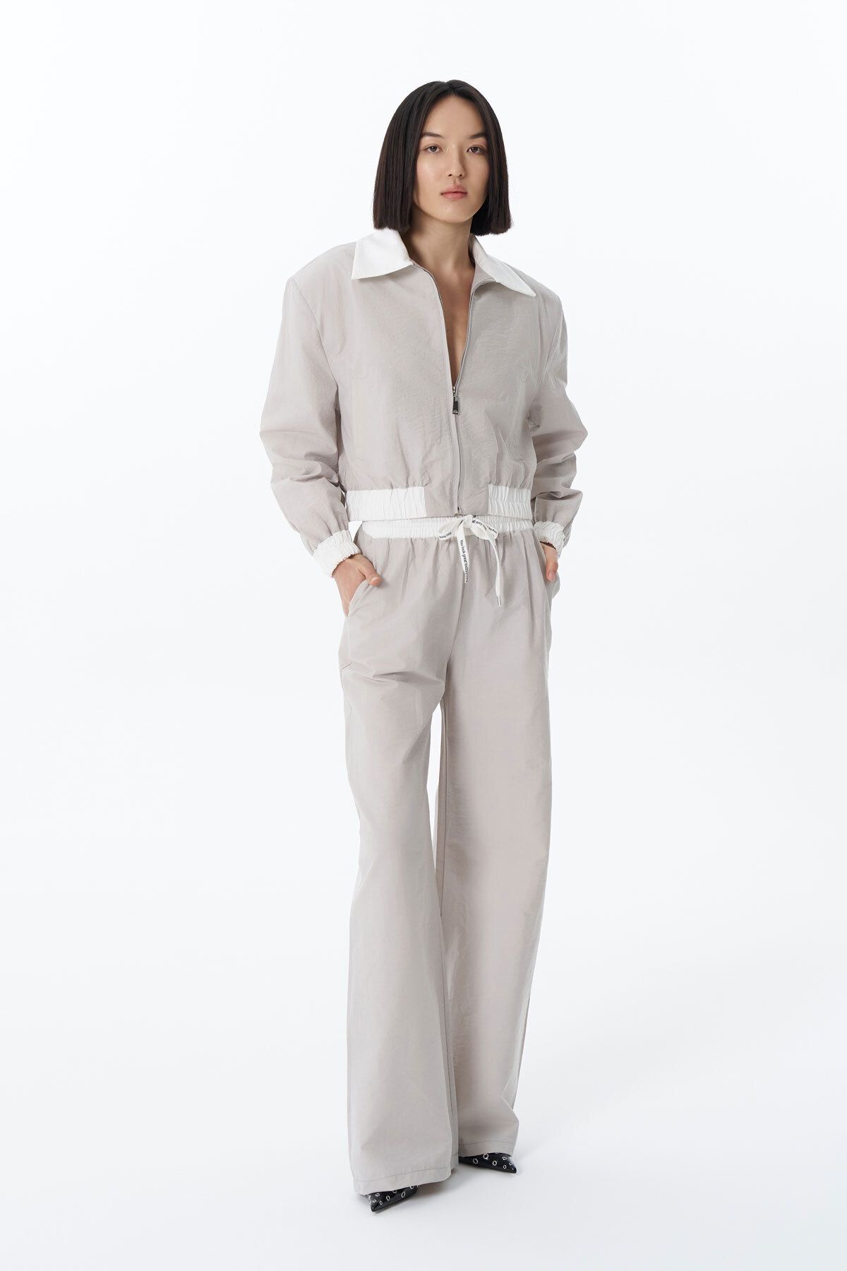 Quzu-Gray Bomber Jacket - Color Block and Elastic Waist 3