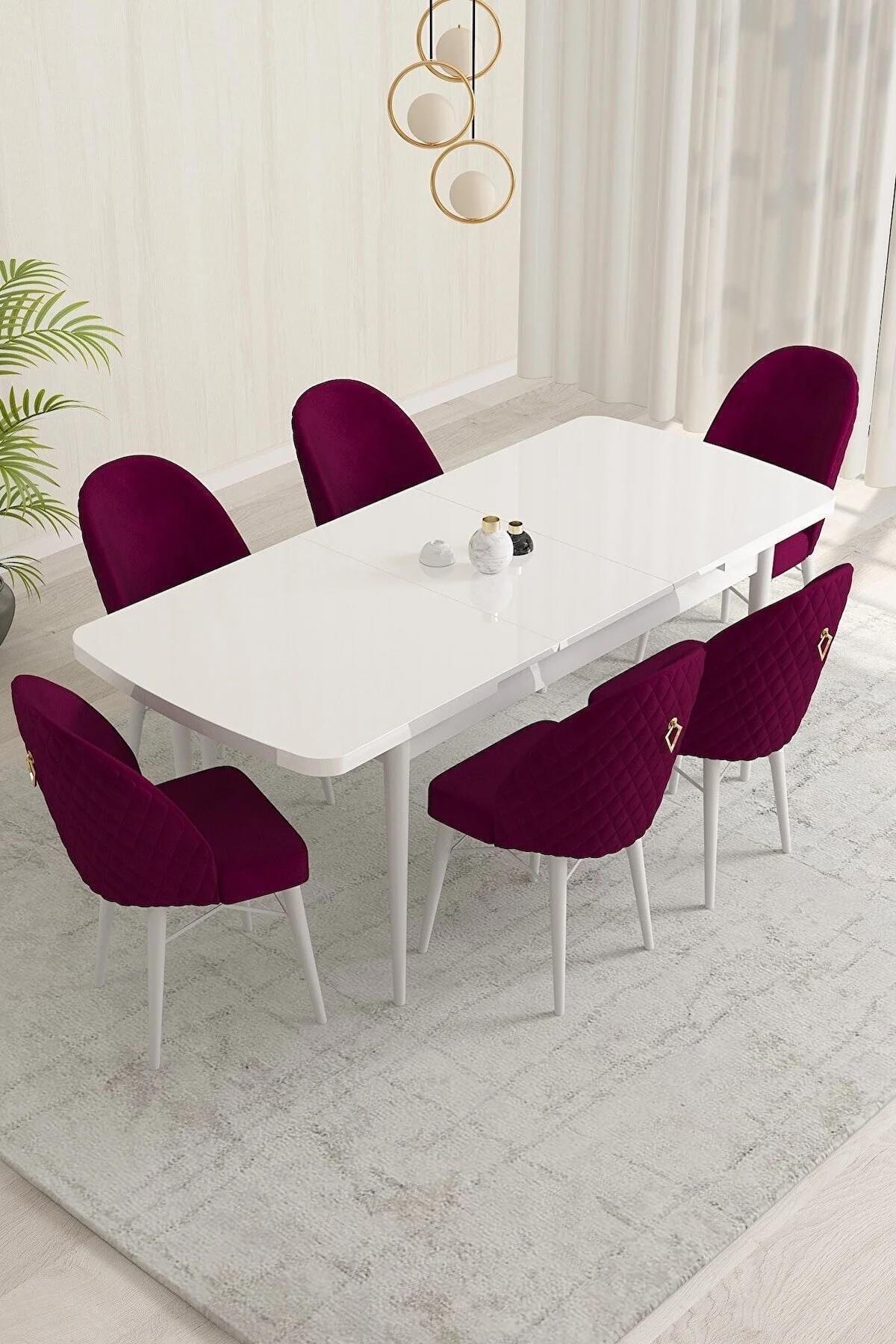 Liora Serisi Beyaz 80x132 Açılabilir Mdf Mutfak Masası Takımı 6 Adet Mürdüm Sandalye-1