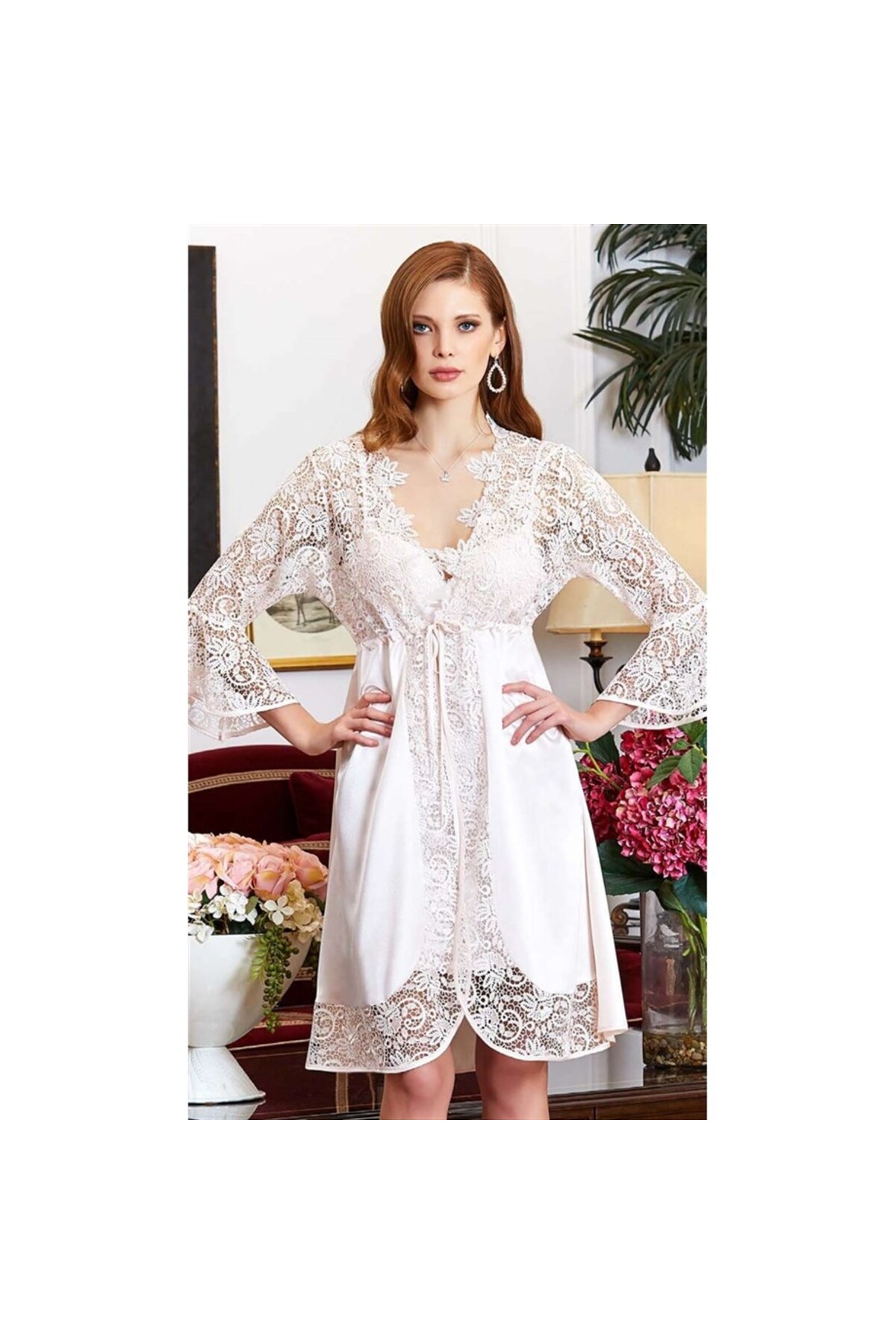 Jeremi 950 Çeyizlik Ipek Saten Dantelli Uzun Altılı Takım - Inci