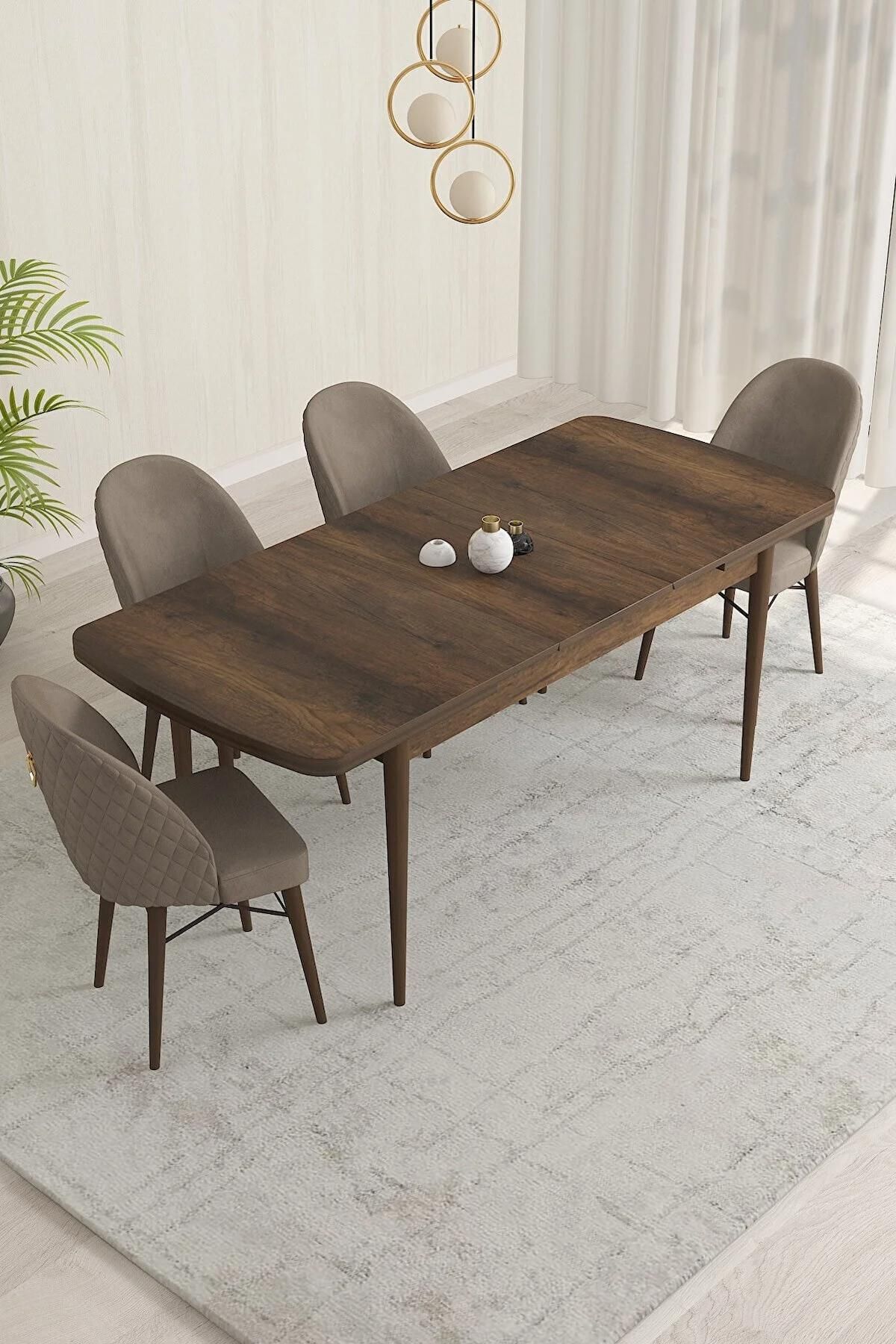 Liora Serisi Barok 70x114 Açılabilir Mdf Mutfak Masası Takımı 4 Adet Cappucino Sandalye-1