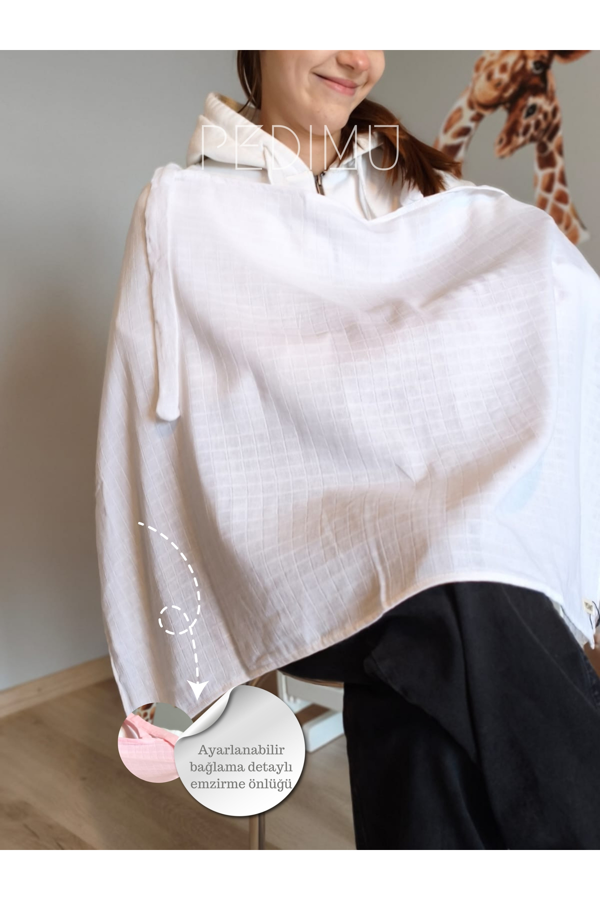 Pedimu Müslin Emzirme Önlüğü 60x100 cm – %100 Pamuk, Nefes Alabilen, Ayarlanabilir, - Beyaz Renk fotoğrafı 3 (önizleme)