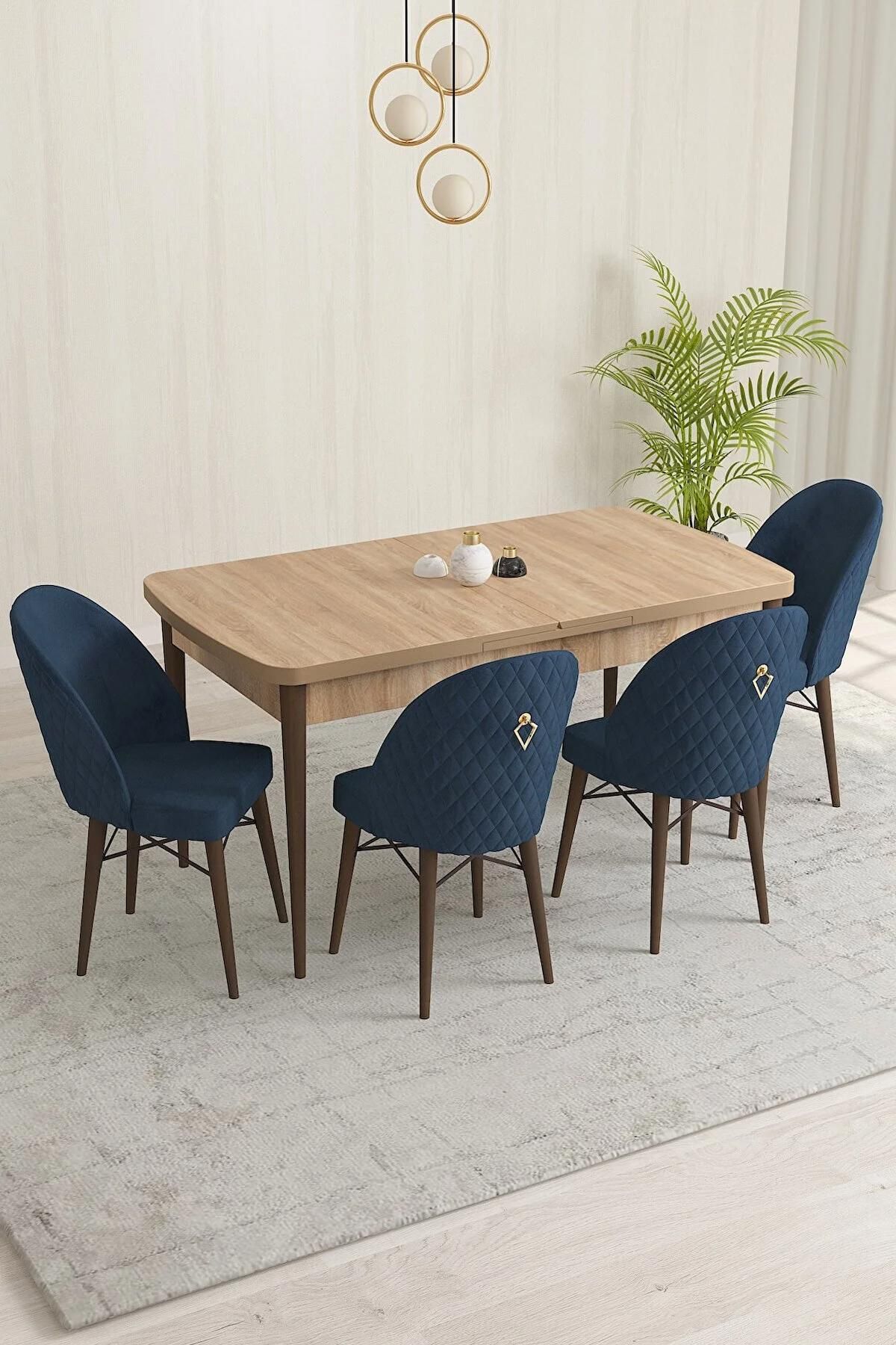 Liora Serisi Meşe 70x114 Açılabilir Mdf Mutfak Masası Takımı 4 Adet Lacivert Sandalye-0