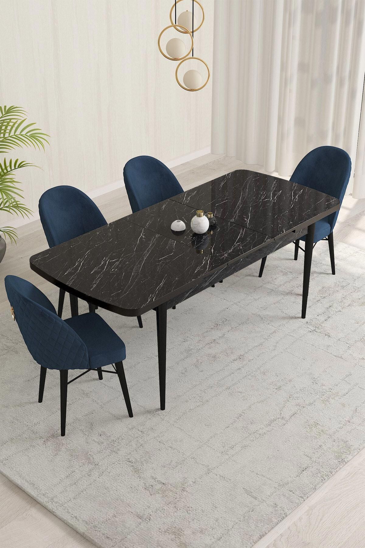 Liora Serisi Siyah Mermer 70x114 Açılabilir Mdf Mutfak Masası Takımı 4 Adet Lacivert Sandalye-1