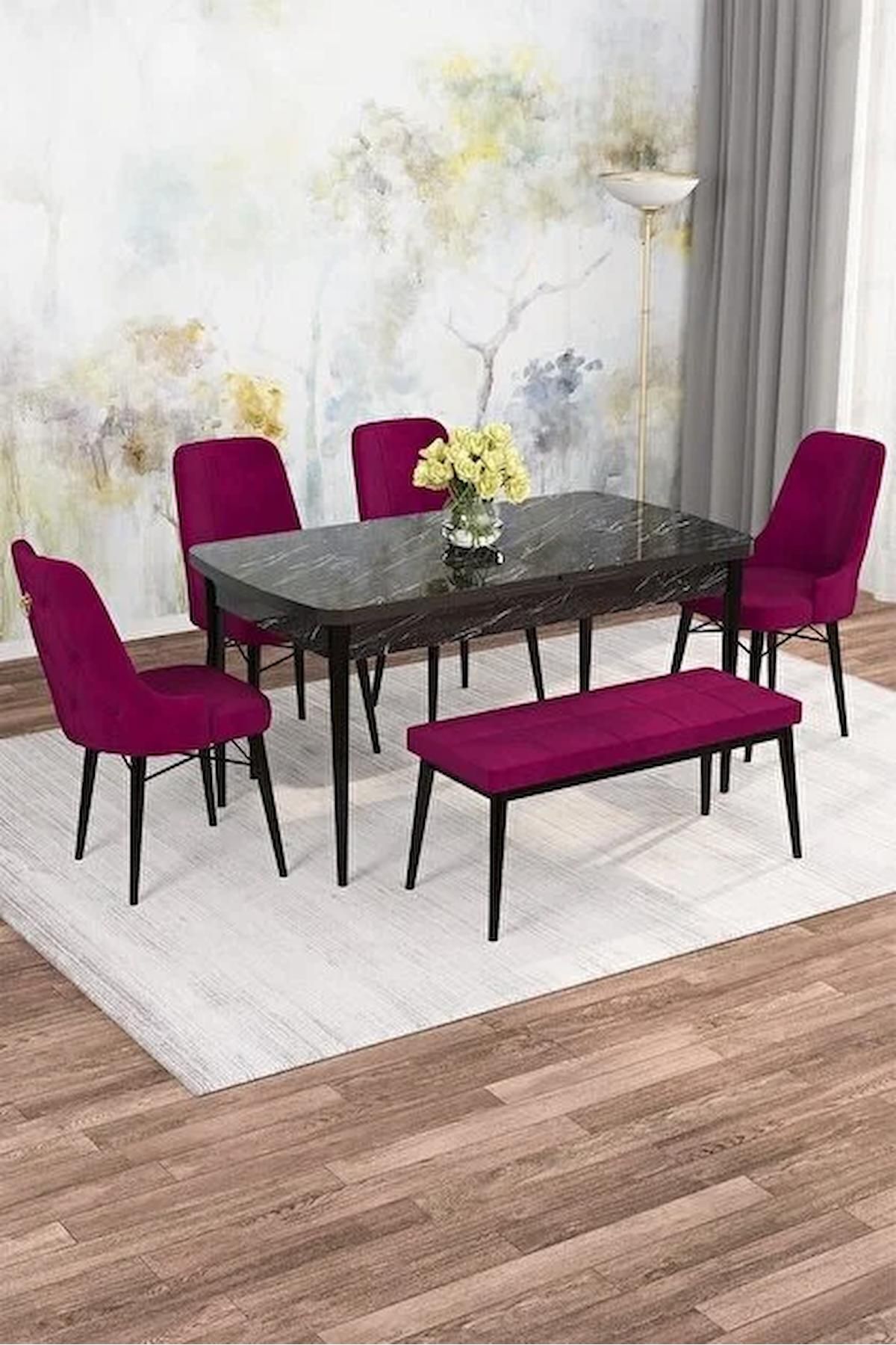 Mona Serisi Siyah Mermer 80x132 Açılabilir Mdf Mutfak Masası Takımı 4 Adet Mürdüm Sandalye +1 Bench-0
