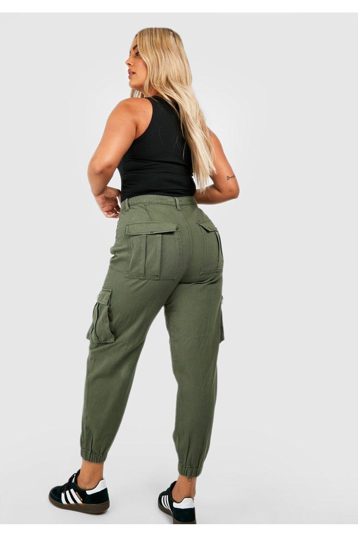 Şans-Women's Plus Size Khaki Gabardine Fabric Elastic Leg High Waist Cargo Pants 65N38740 4