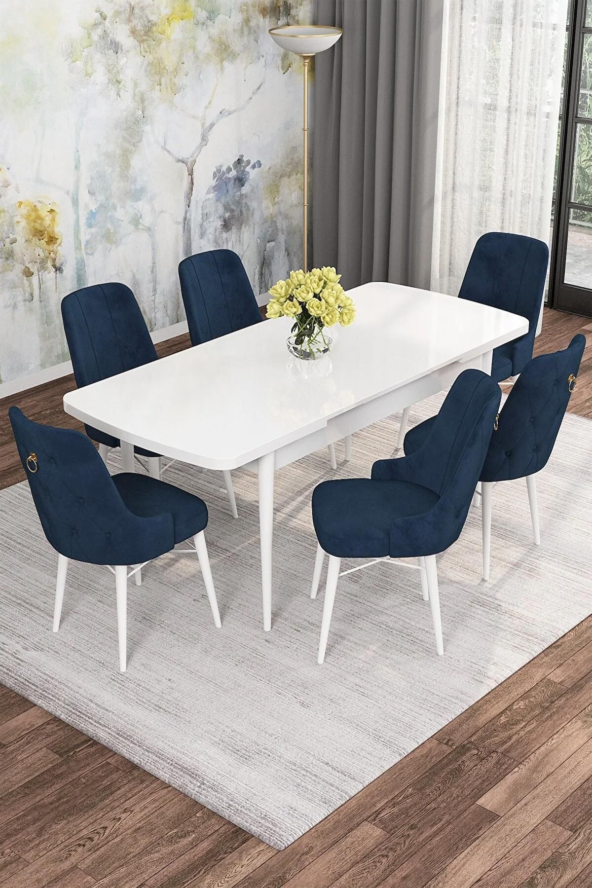Mona Serisi Beyaz 80x132 Açılabilir Mdf Mutfak Masası Takımı 6 Adet Lacivert Sandalye-1