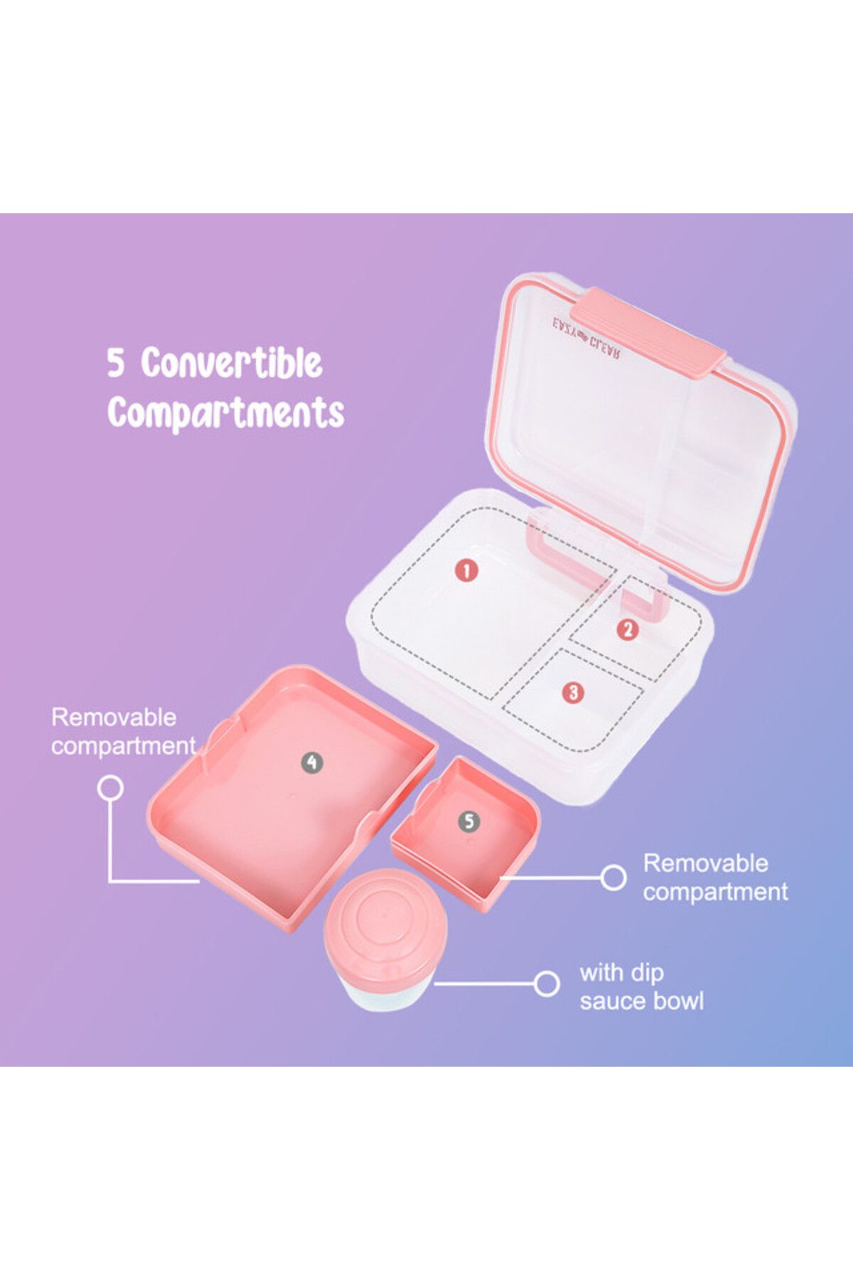 Eazy Kids-3/4/5 Compartment Convertible 1650ml Bento Lunch Box with 150ml Gravy Bowl - Pink 4