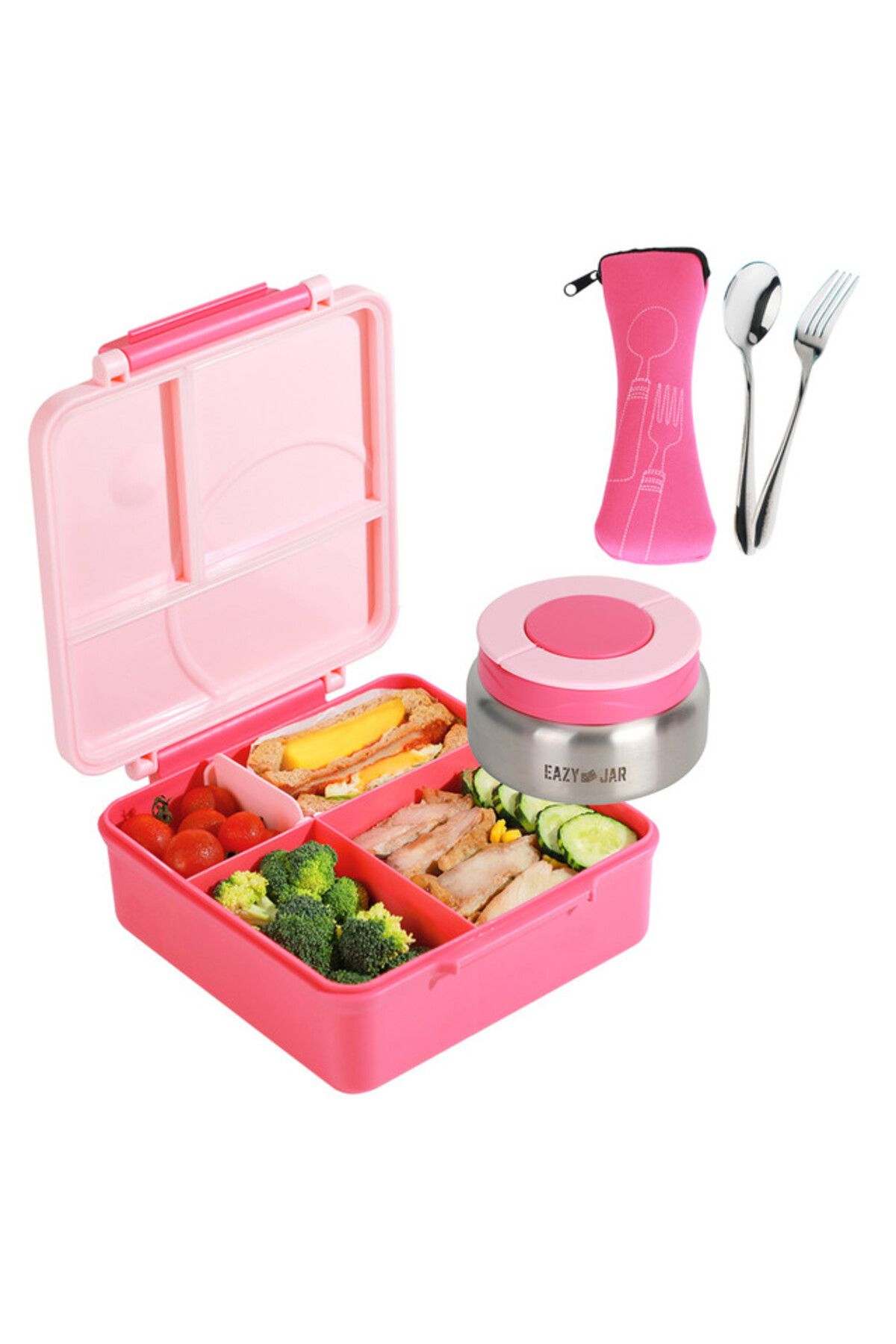 Eazy Kids 3/4 Jumbo Lunch Box w/ Bowl, Spoon & Fork - Pink
