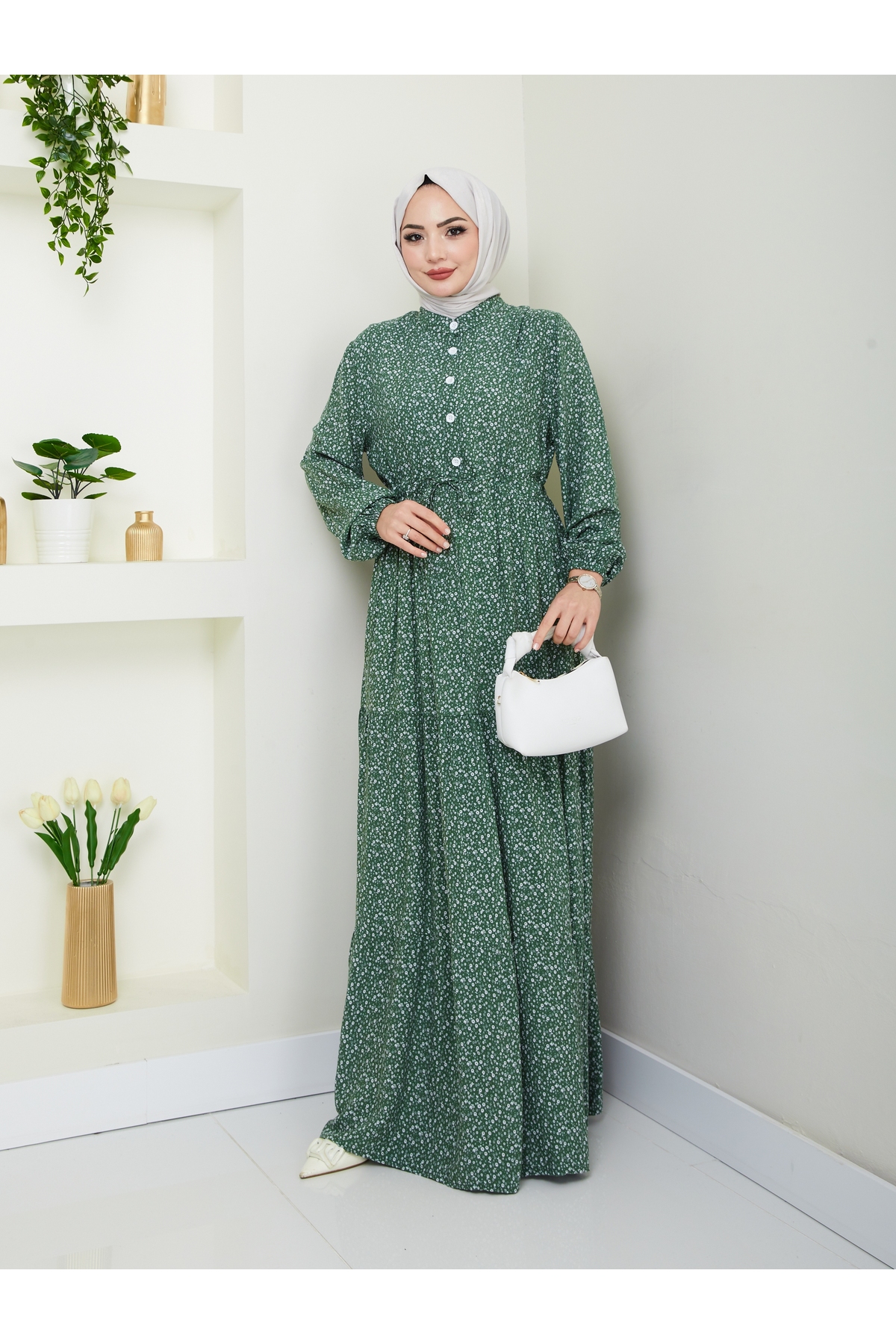 Nevayla Moda  Düğme Detaylı Çiçekli Viskon Elbise - Haki / E0123 - Görsel 4