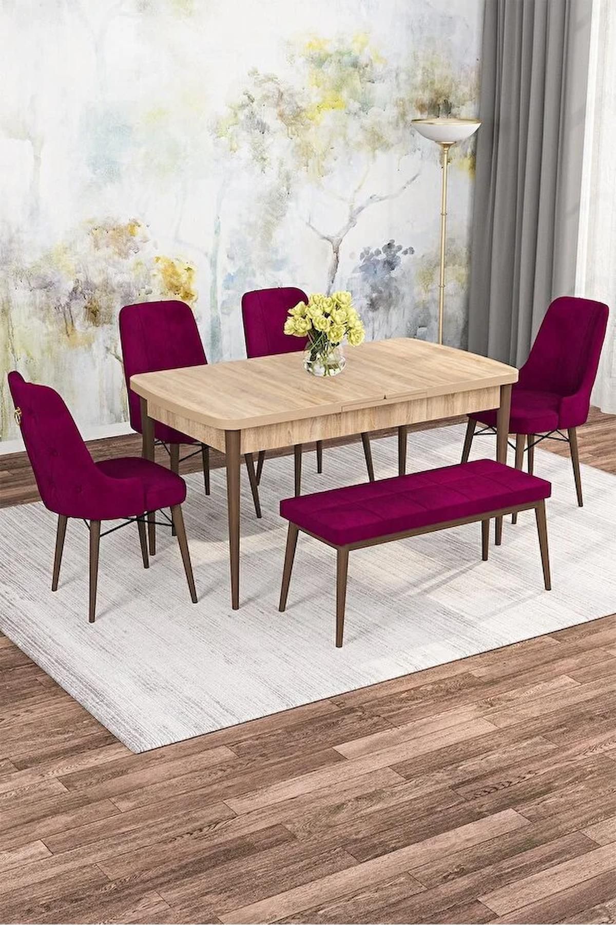 Mona Serisi Meşe 80x132 Açılabilir Mdf Mutfak Masası Takımı 4 Adet Mürdüm Sandalye +1 Bench