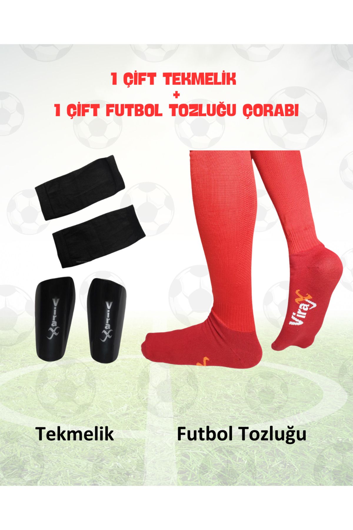 virajx Futbol Uzun Tozluk(Çorap) ve Kaval Koruyucu Tekmelik Antrenman Seti (KIRMIZI)