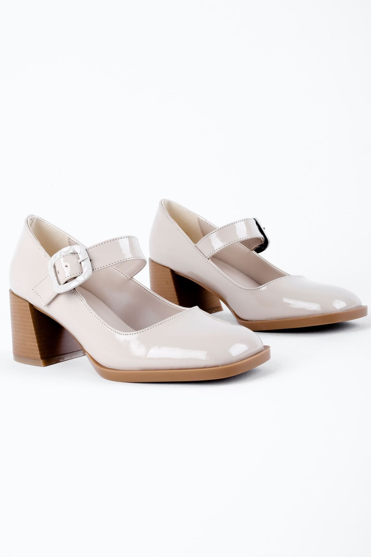 Lal Shoes & Bags-Connor Women's Blunt Toe Single Strap Detailed Heeled Shoes - Patent Leather Cream 5