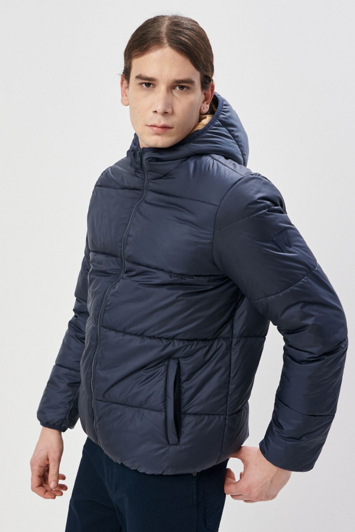 WRANGLER-Palton puffer pentru bărbați, albastru bleumarin, cu glugă 3