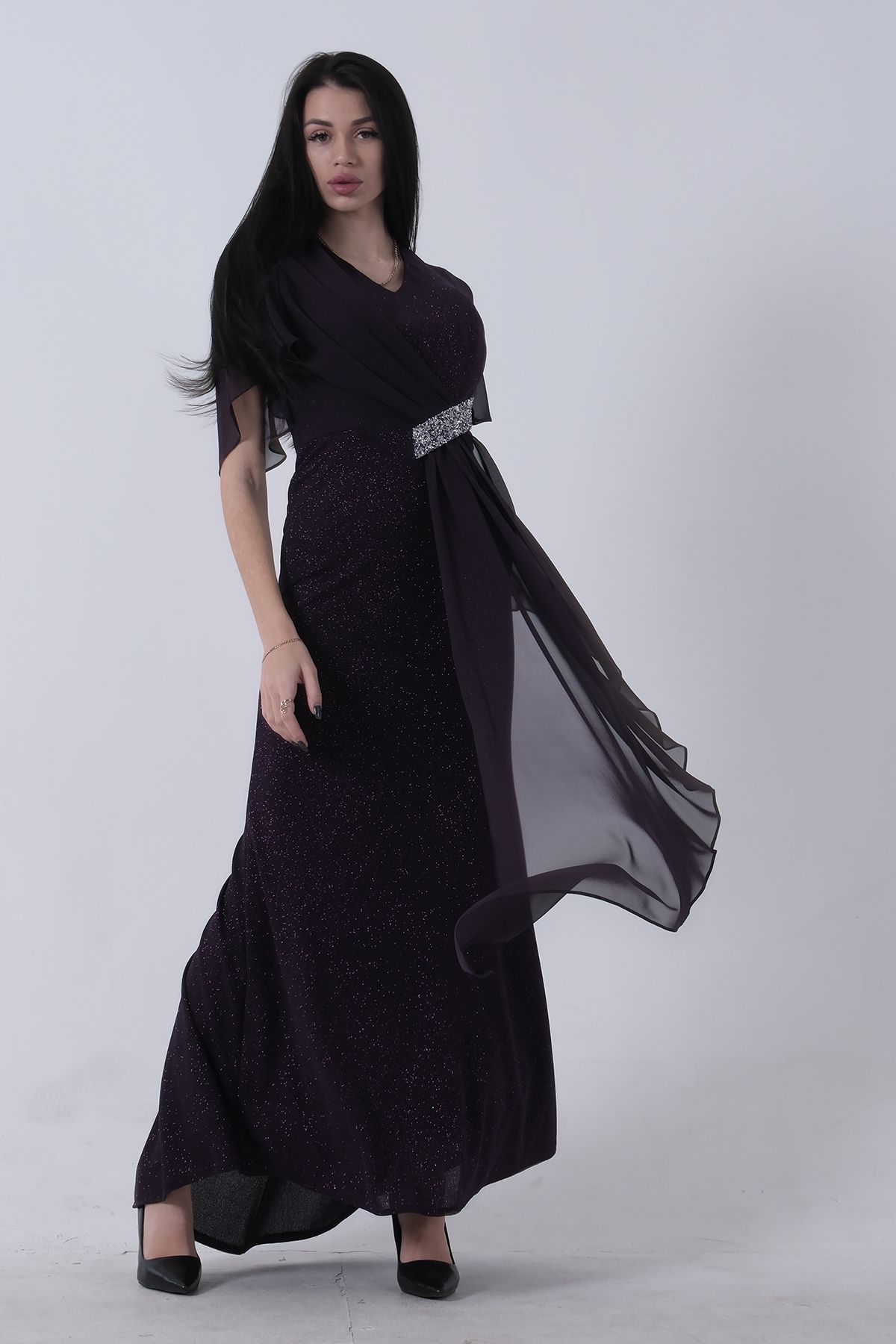 Feminist-Stone Detailed Half Sleeve Hijab Evening Dress Purple 08061271 6