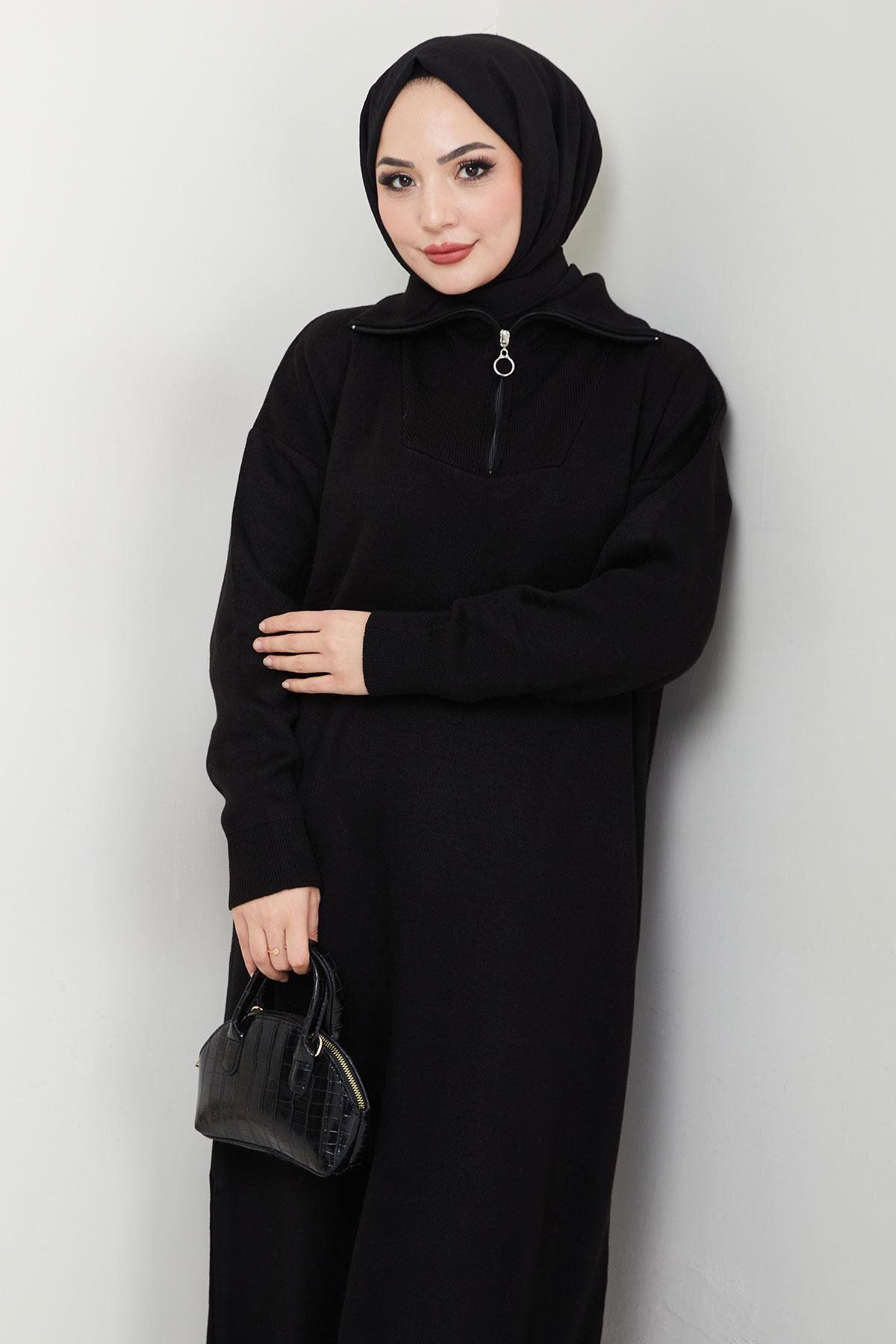 hafsamina-Black Knitwear Dress - Zip and High Top Hm2531 3