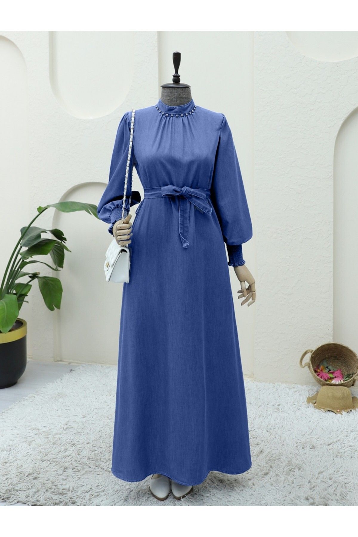 Modamorfo-Jeans Dress with Elastic Sleeves and Rhinestones -Indigo 3