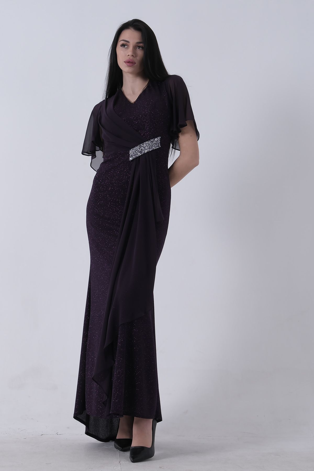 Feminist-Stone Detailed Half Sleeve Hijab Evening Dress Purple 08061271 3