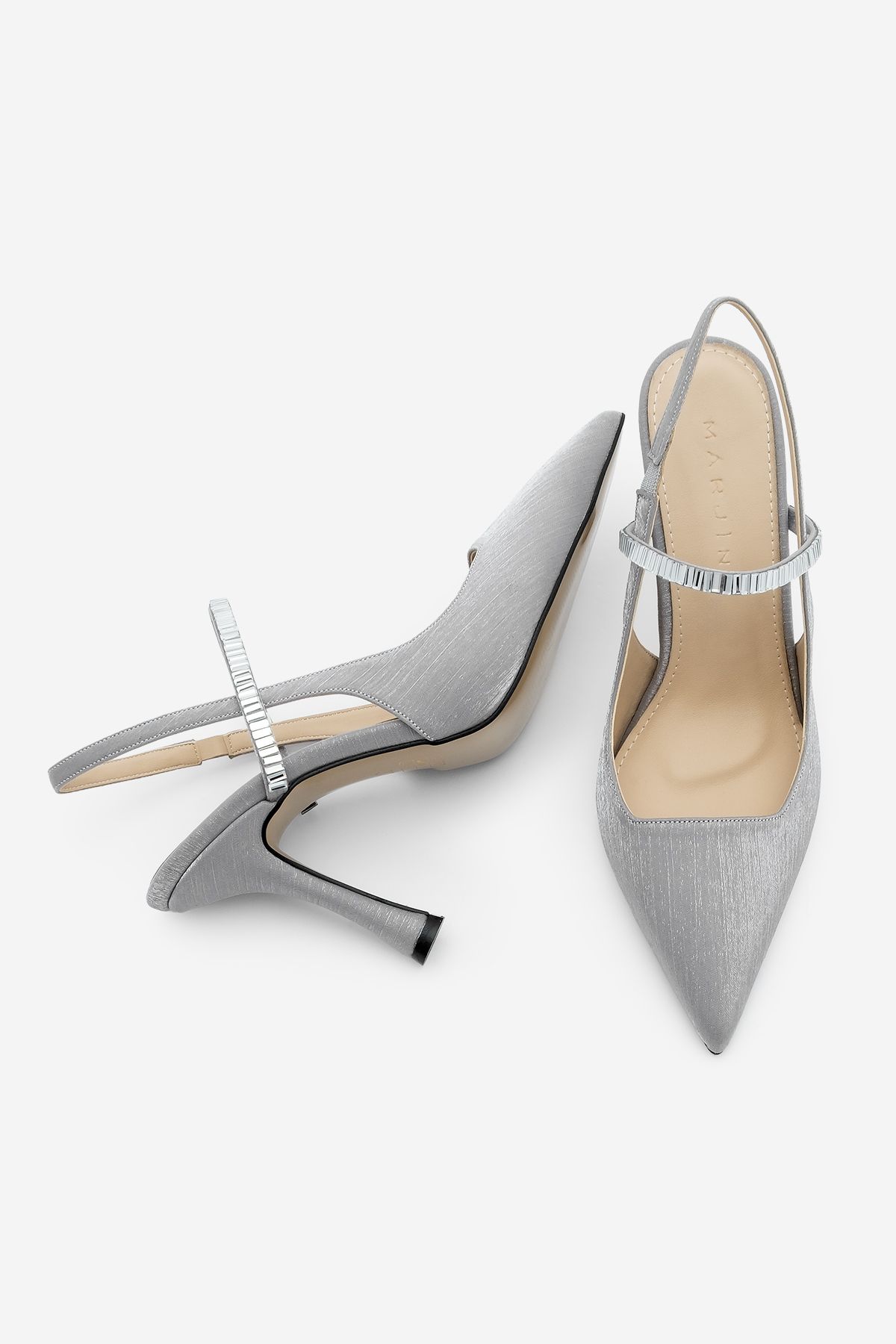 Marjin-Lovan Silver Satin Women's Stiletto - High Heels with Pointed Toe, Band and Stone Detail 5