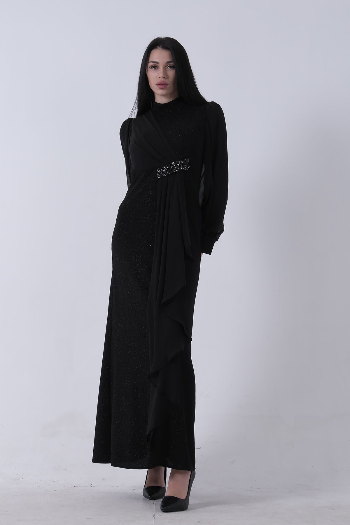 Feminist-Crew Neck Waist Stone Detailed Hijab Evening Dress Black 08061281 3