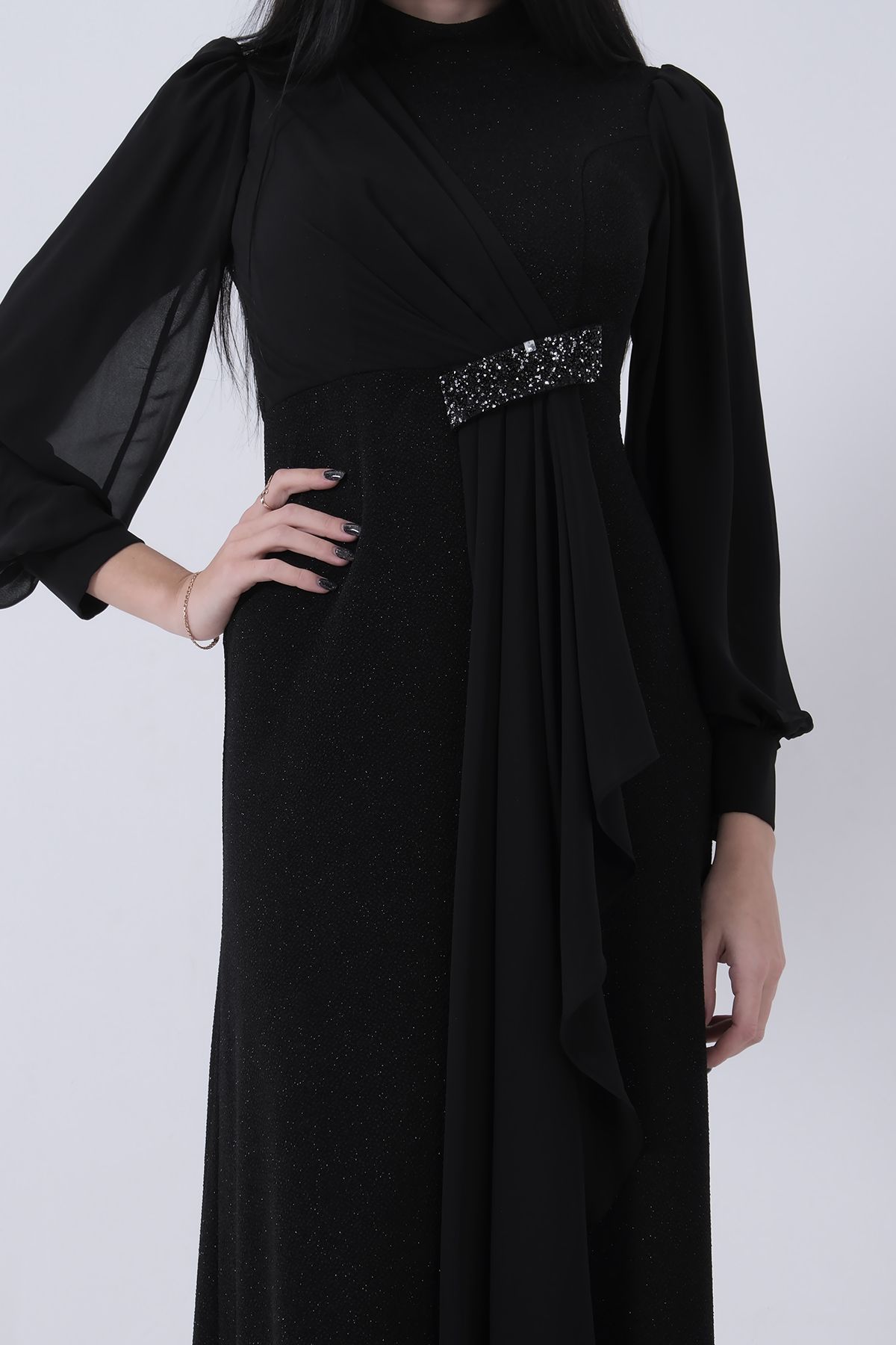 Feminist-Crew Neck Waist Stone Detailed Hijab Evening Dress Black 08061281 8