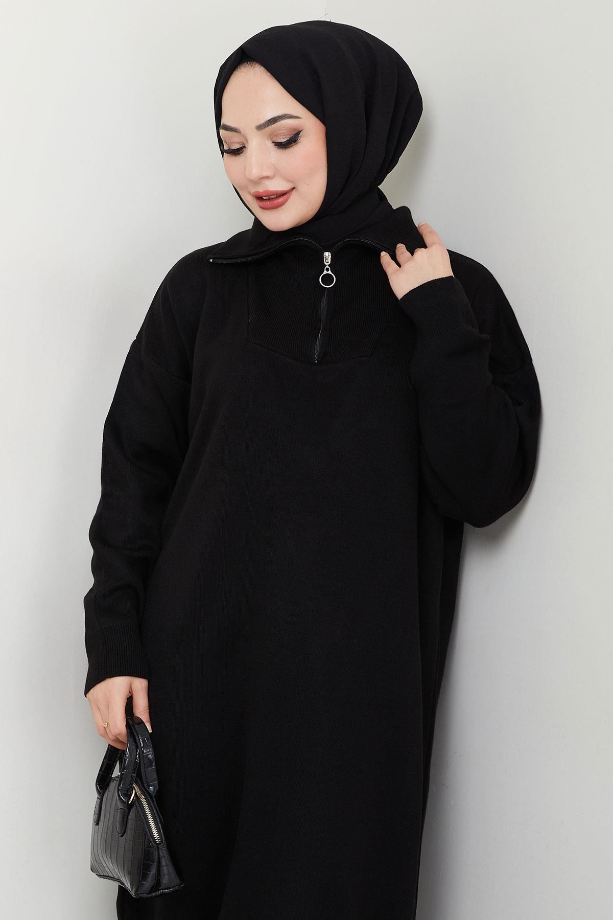 hafsamina-Black Knitwear Dress - Zip and High Top Hm2531 6