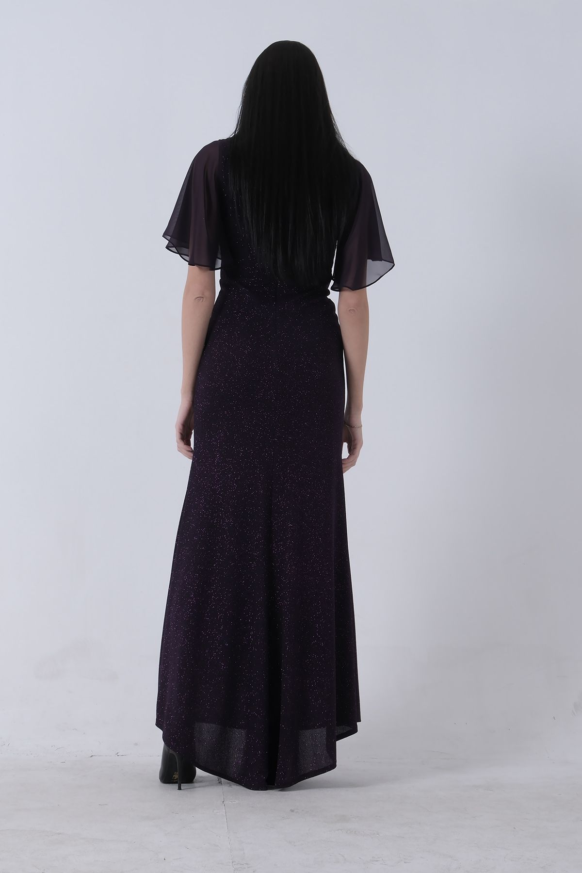 Feminist-Stone Detailed Half Sleeve Hijab Evening Dress Purple 08061271 5