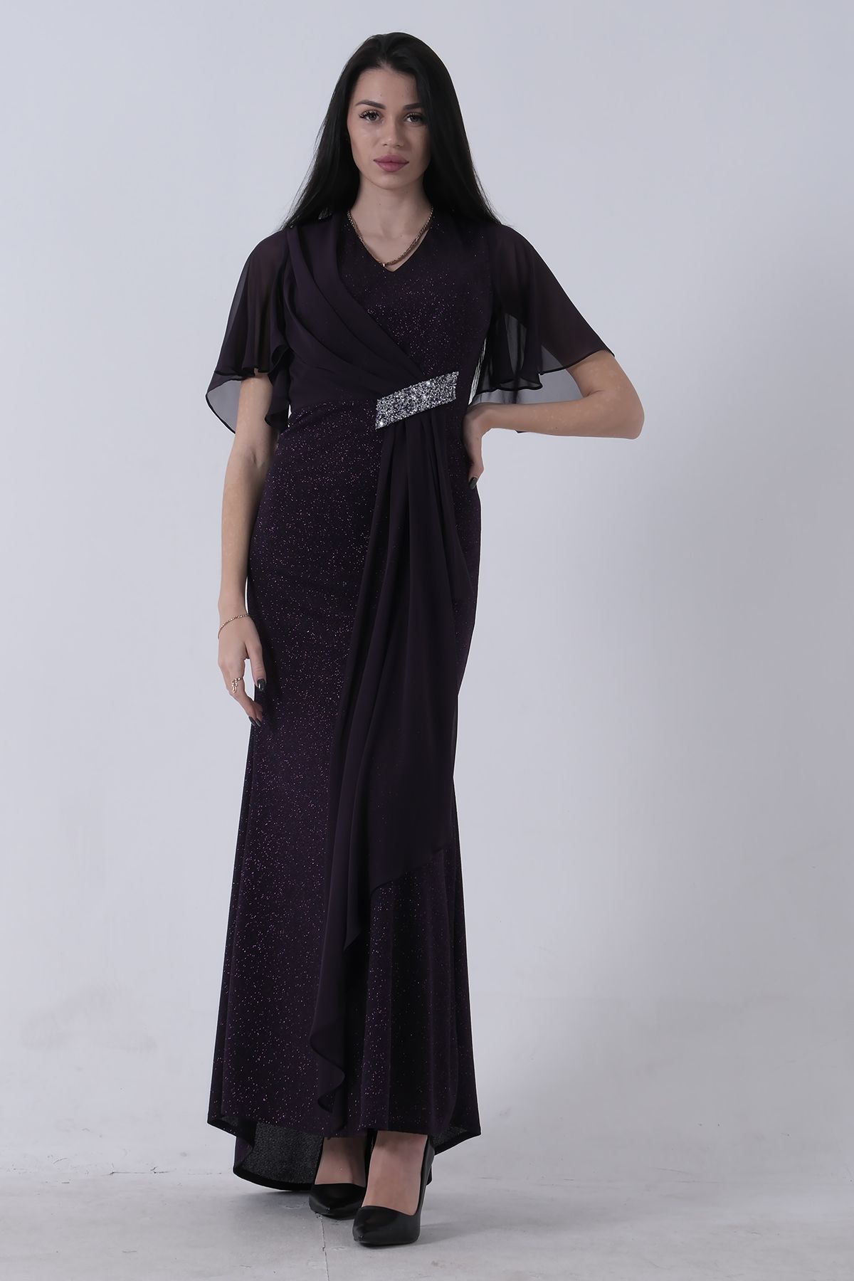 Feminist-Stone Detailed Half Sleeve Hijab Evening Dress Purple 08061271 2