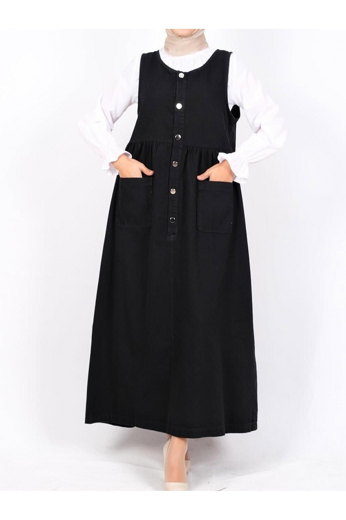 Modamorfo-Front Pocket Waist Drawstring Half Placket Denim Gilet -Black 1