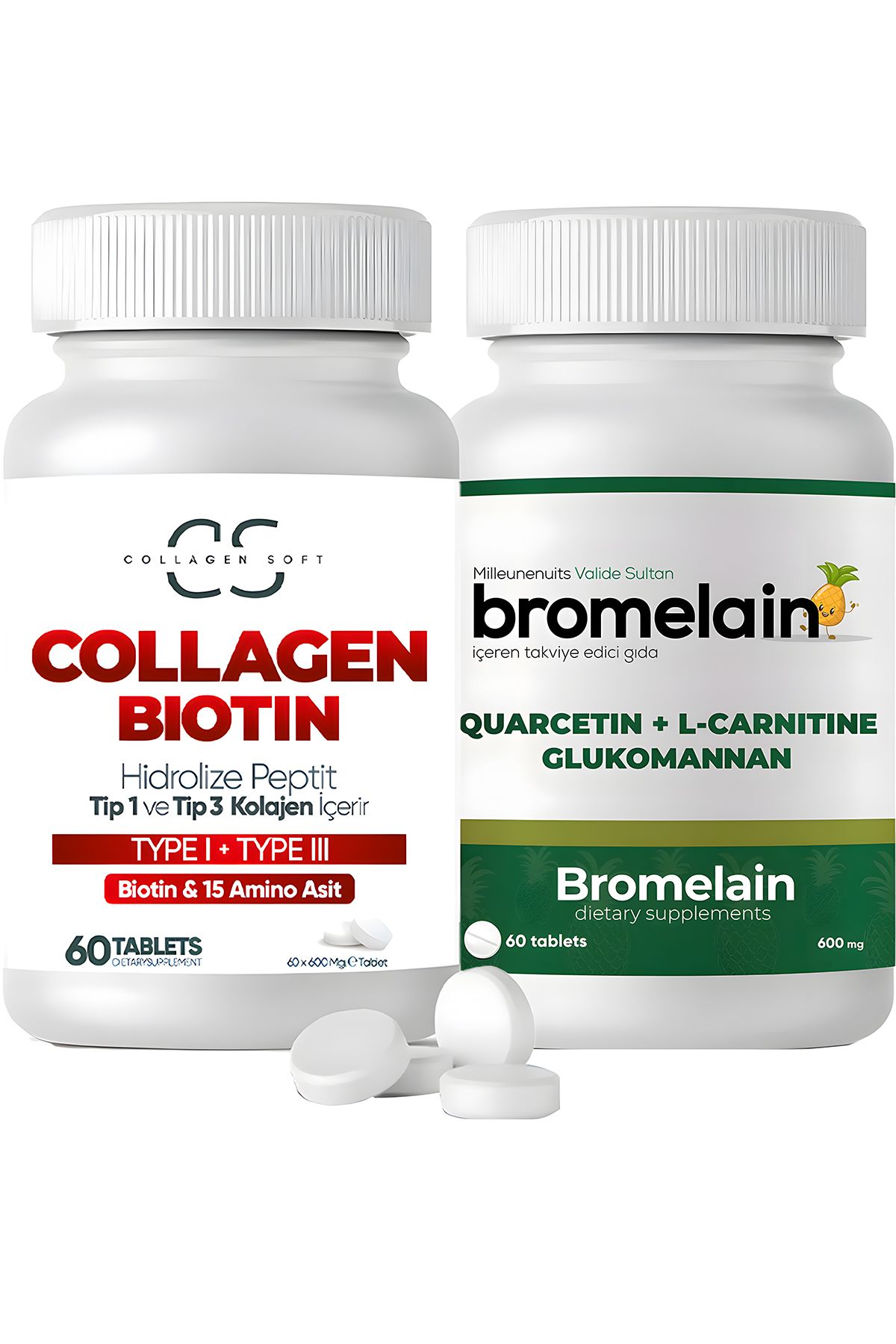Collagen Soft 2'li Fırsat Seti Tip 1 Tip 3 Kolajen Biotin Ve 15 Amino Asit 60 Tablet | Bromelain Tablet 60 Tablet