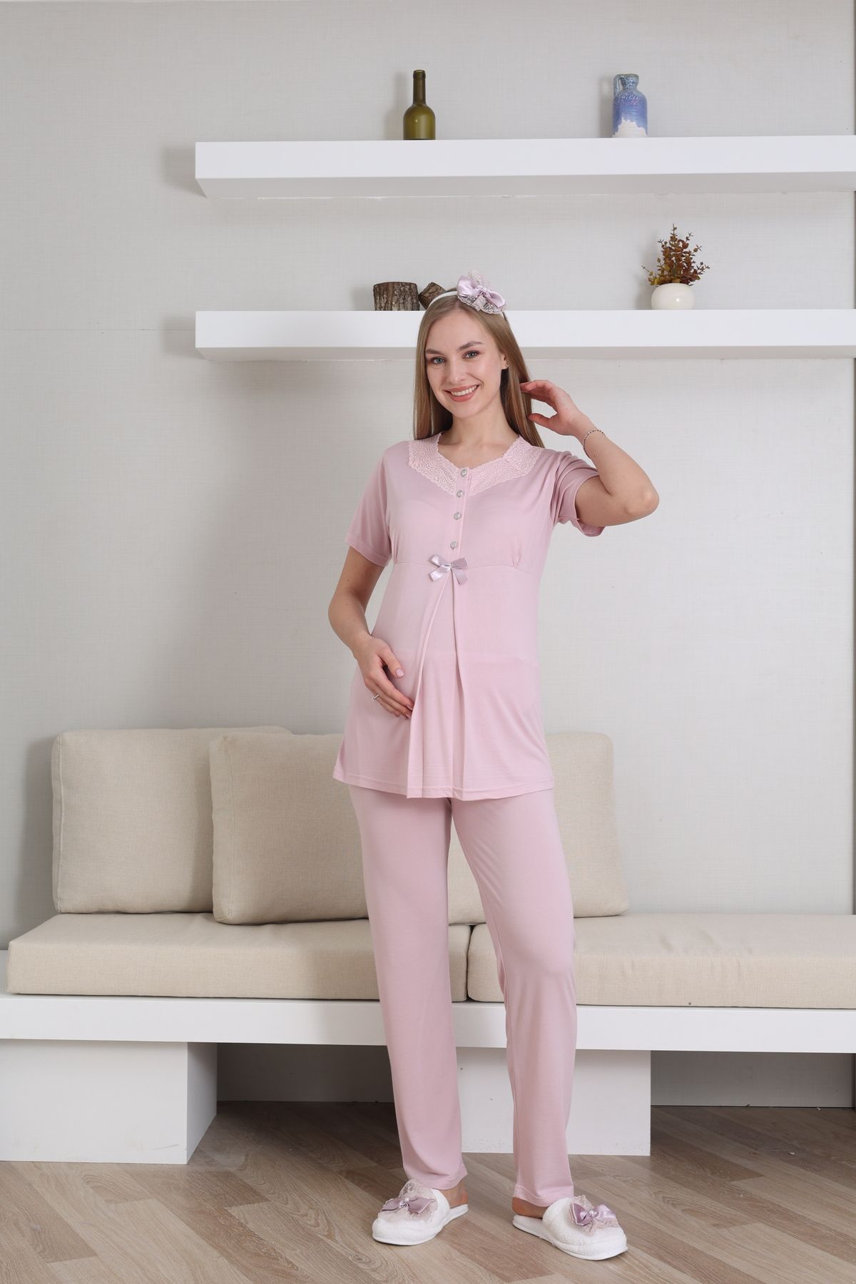 EM&FA TEKSTİL-Maternity Maternity Dressing Gown Nightwear Set 7