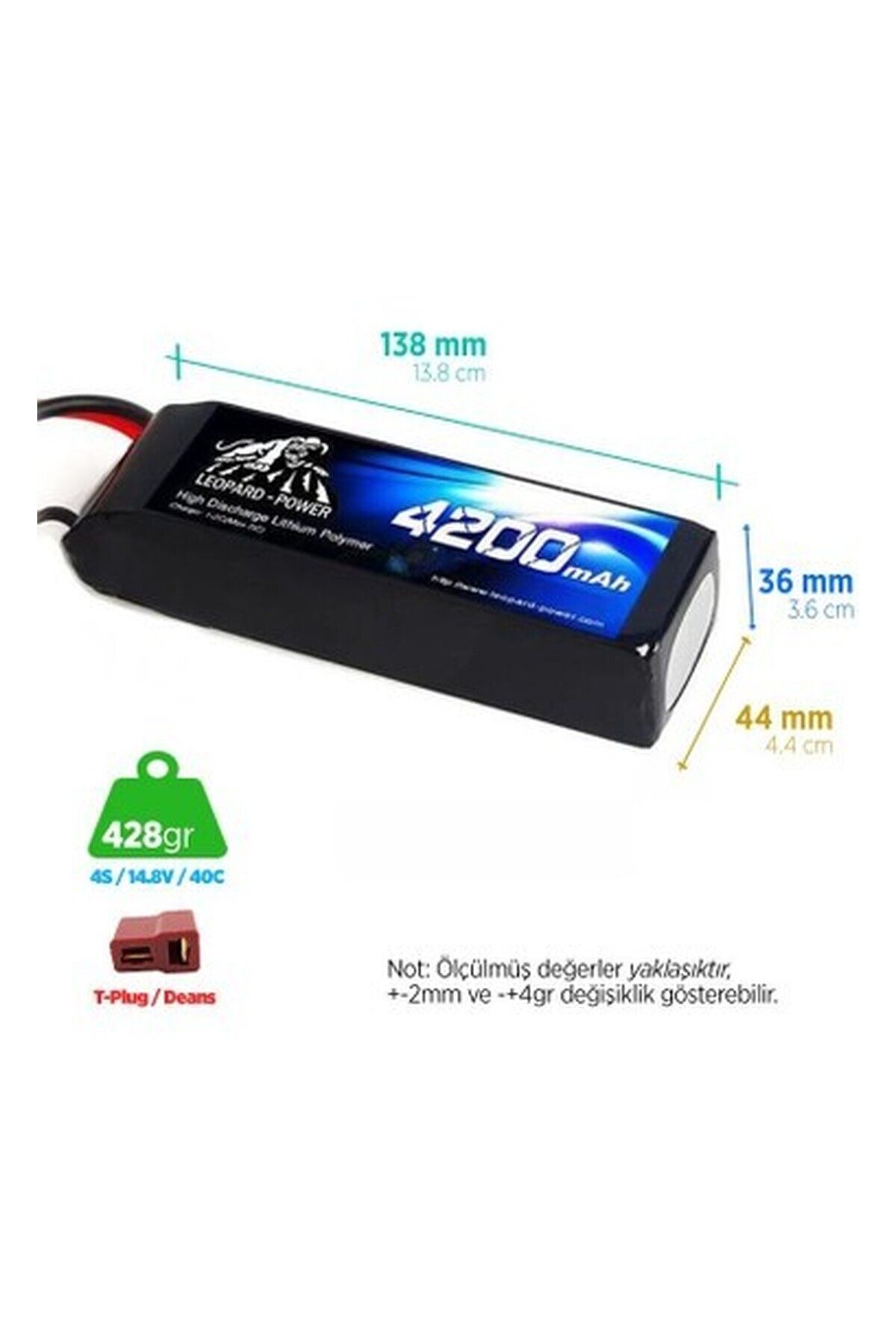 Leopard Power 4200 mAh 14.8V 4S 40C Lityum Polimer Lipo Batarya Pil T Plug