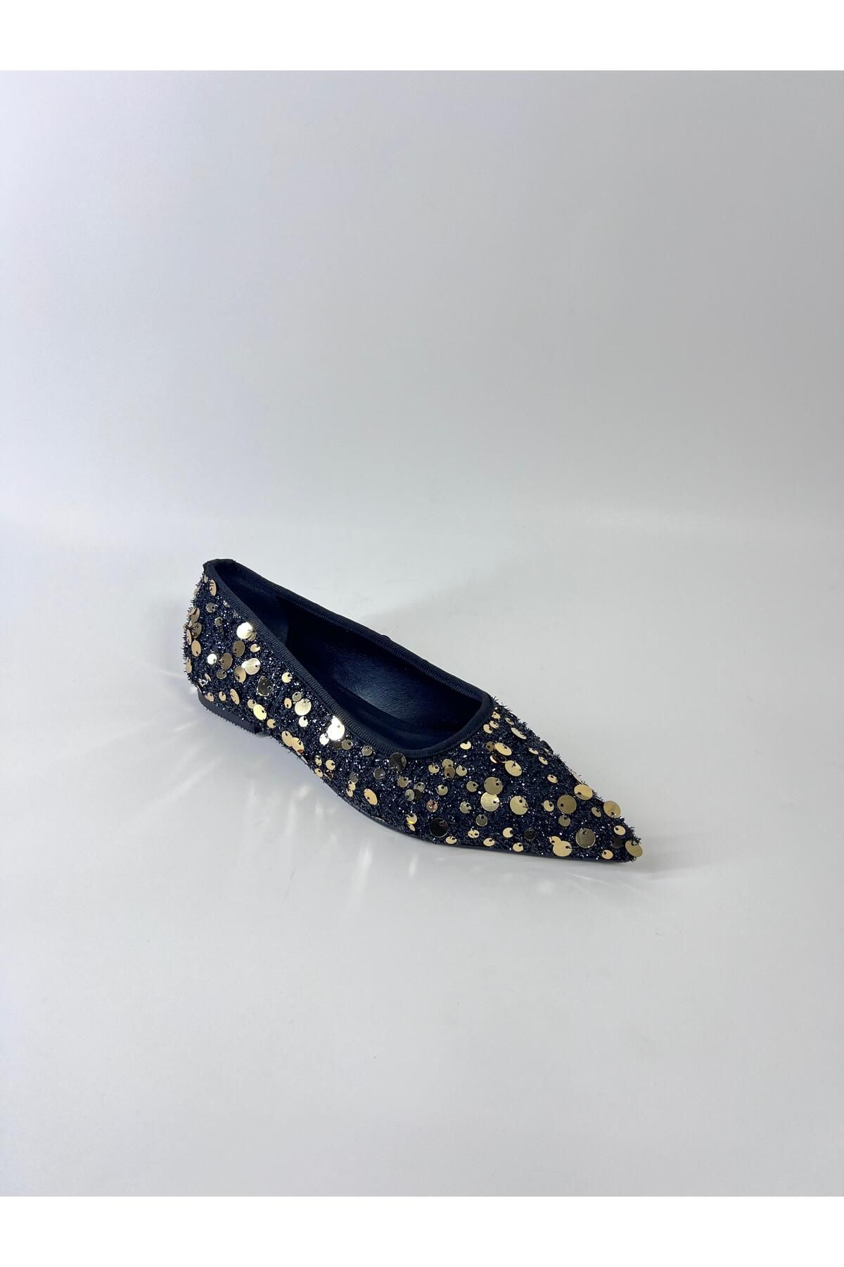 Trendlov-Black Gold Sequined Ballerinas 4