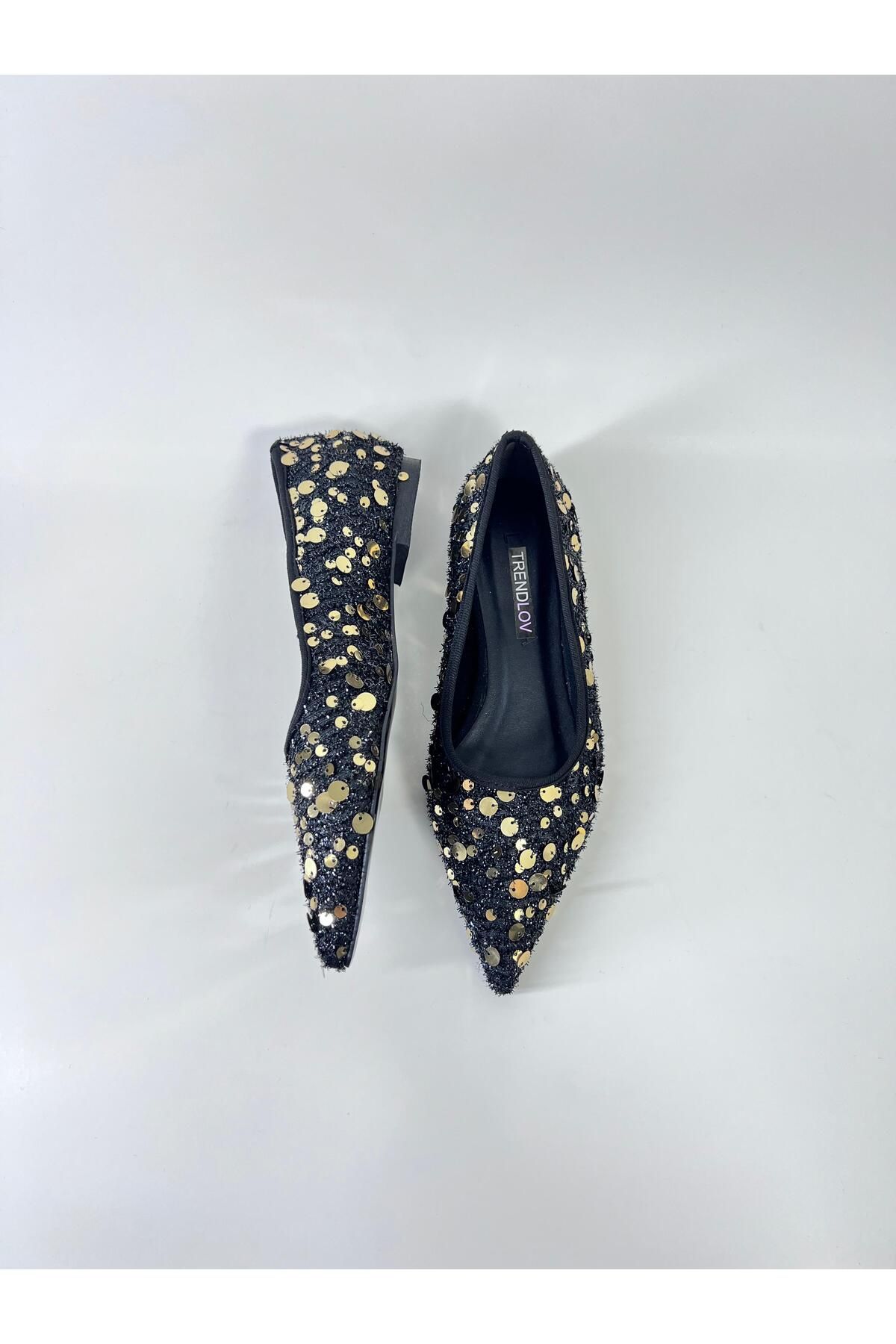 Trendlov-Black Gold Sequined Ballerinas 2