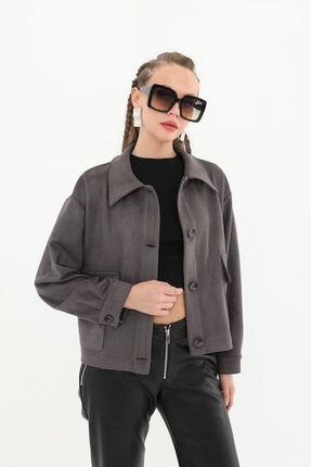 Byelmira Kadın Cepli Kadife Süet Ceket Antrasit