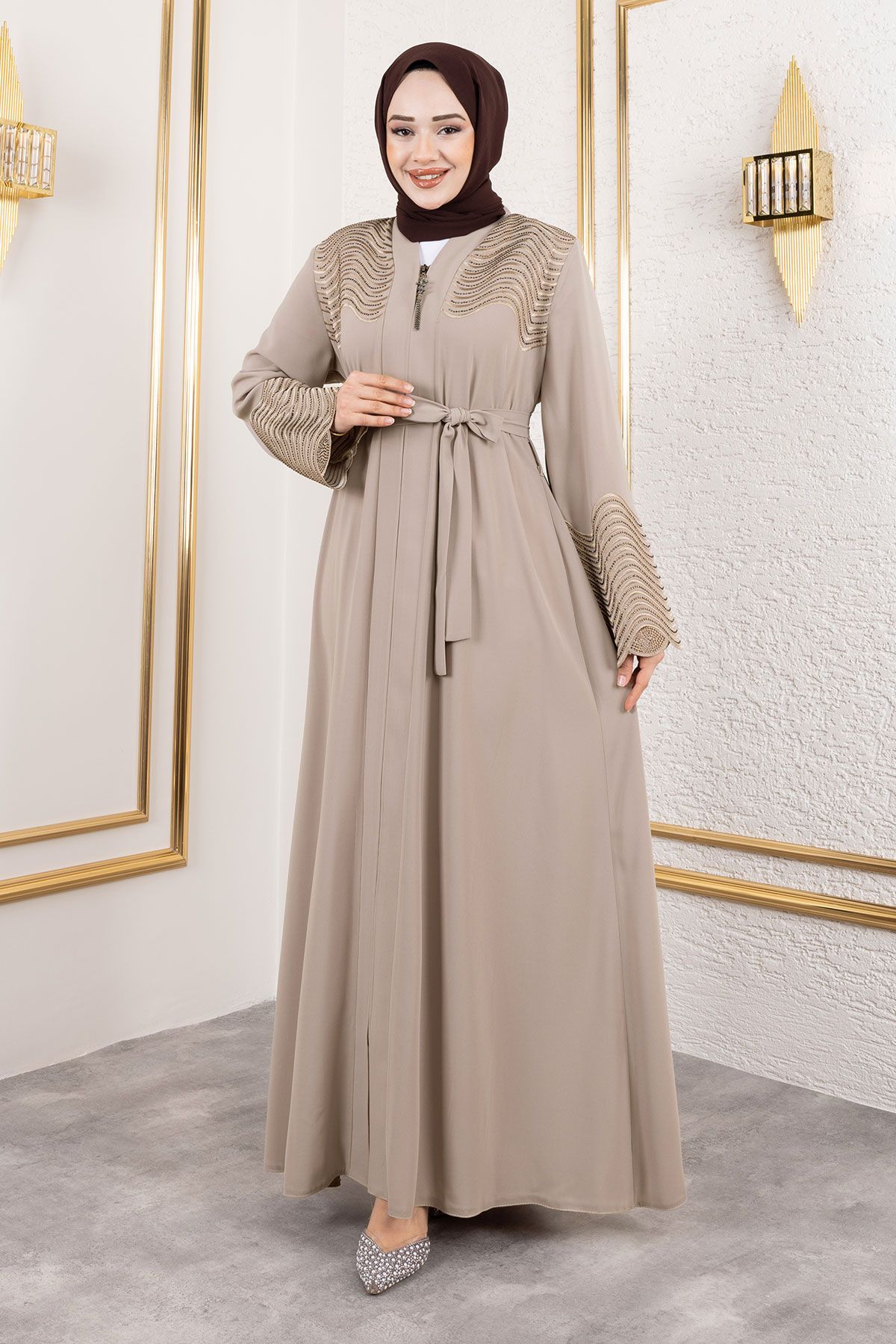 Tesettür Dünyası-Beige Abaya with Embroidery and Stone Detail, Tsd 250110 4