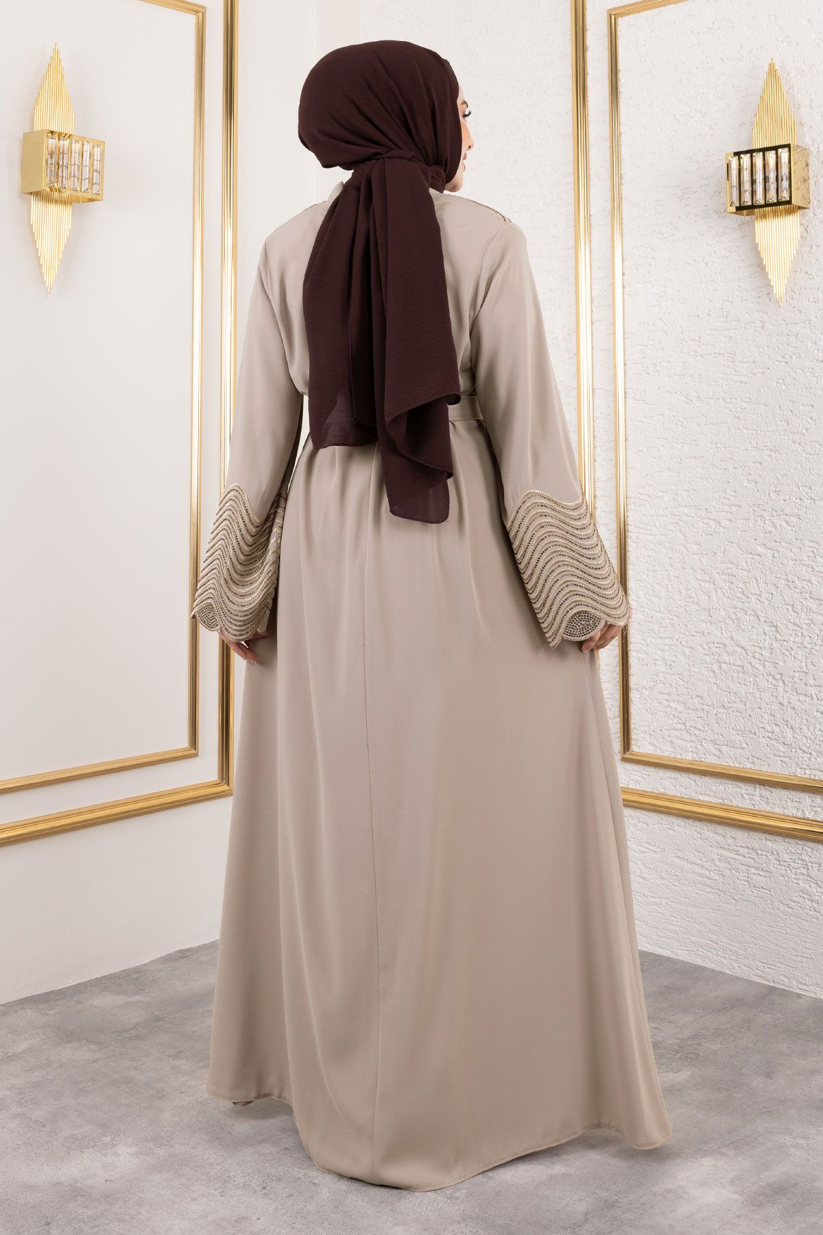 Tesettür Dünyası-Beige Abaya with Embroidery and Stone Detail, Tsd 250110 5