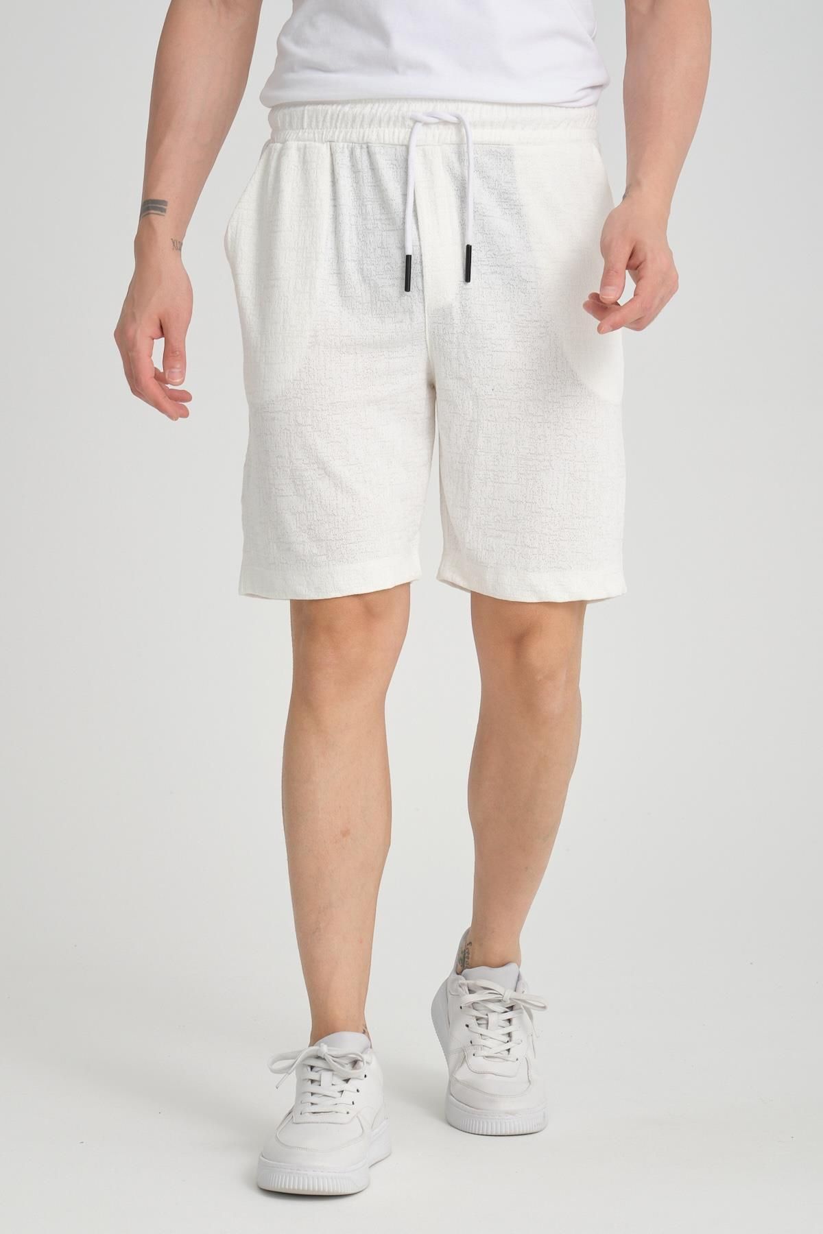 Valiberta-White Lycra Knitted Patterned Elastic Shorts 5