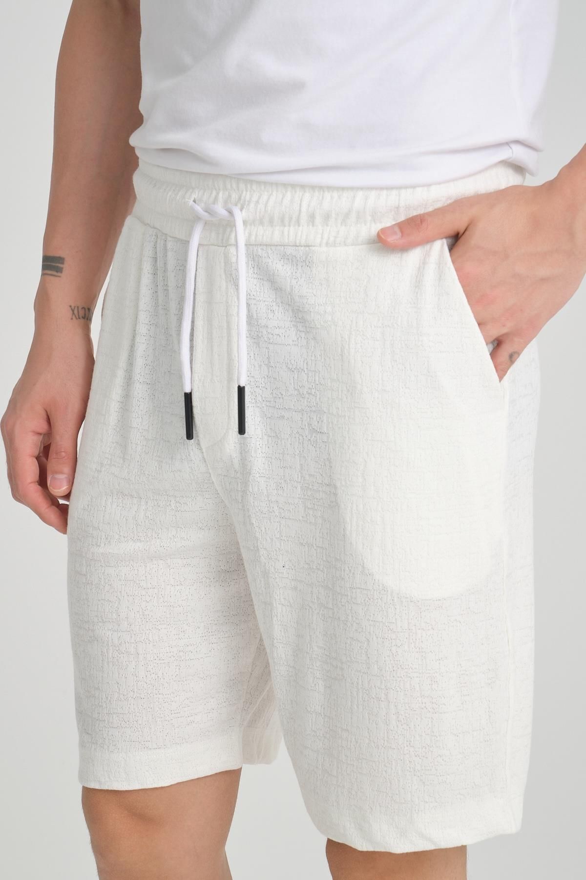 Valiberta-White Lycra Knitted Patterned Elastic Shorts 7
